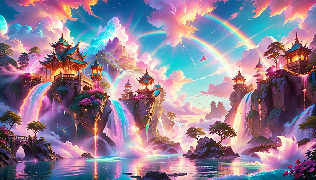 A Masterpiece In 32K Resolution: Supreme Quality, Super Detail, Official Art, Very High-Resolution 32K Wallpaper, Beautiful And Aesthetic, Ultra-Detailed Features, Awe-Inspiring Detail. Enchanted Scenes Of A Majestic Romantic Fantasy Realm. Imagine A Breathtaking World Of Romantic Fantasy, Where Intricate Floating Islands Drift Amid Fluffy Clouds. Waterfalls Cascade Gracefully From These Islands, Creating A Mesmerizing Spectacle Within A Vibrant, Surreal Atmosphere. The Environment Radiates Wonder And Tranquility, Infused With A Harmonious Blend Of Soft Pinks And Vibrant Jewel Tones. This Scene Will Be Illustrated In An Anime Style, Featuring Soft Lines And Pastel Colors Accented With Whimsical Touches. Each Building Is Exquisitely Detailed And Elegant, Capturing The Ethereal Beauty And Serenity Of A Dreamlike Realm. The Artwork Will Evoke A Sense Of Escape From The Ordinary, Showcasing Glimmering Cyan Waters And A Colorful Watercolor Sky. Add Glowing Elements And A Multitude Of Enchanting Fantasy Details, Including Iridescent Features, Beautifully Crafted Landscapes, And Sparkling Accents. The Overall Effect Should Resonate With A Captivating Fantasy Art Style, Rich In Vibrant Colors And Blurred, Surreal Details That Transport Viewers To This Magical Realm.