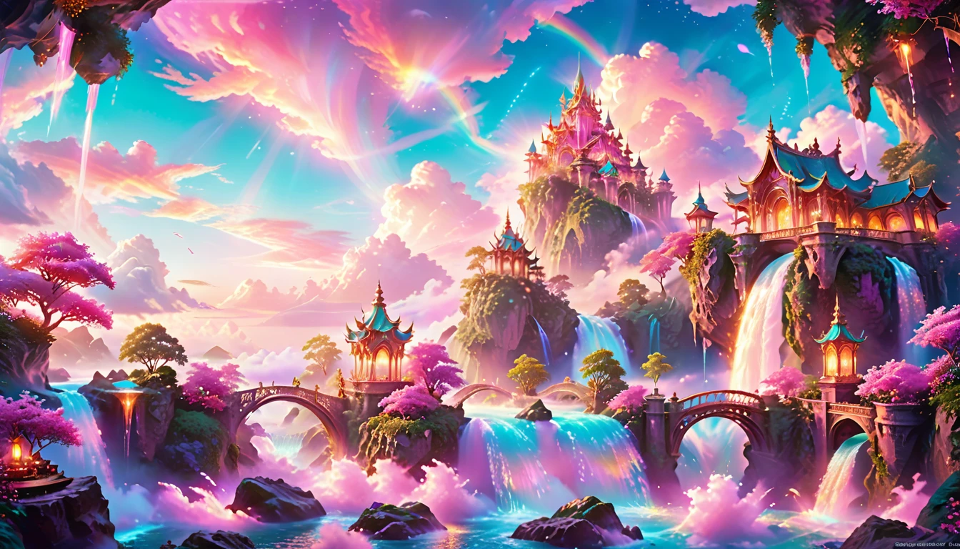 A Masterpiece In 32K Resolution: Supreme Quality, Super Detail, Official Art, Very High-Resolution 32K Wallpaper, Beautiful And Aesthetic, Ultra-Detailed Features, Awe-Inspiring Detail. Enchanted Scenes Of A Majestic Romantic Fantasy Realm. Imagine A Breathtaking World Of Romantic Fantasy, Where Intricate Floating Islands Drift Amid Fluffy Clouds. Waterfalls Cascade Gracefully From These Islands, Creating A Mesmerizing Spectacle Within A Vibrant, Surreal Atmosphere. The Environment Radiates Wonder And Tranquility, Infused With A Harmonious Blend Of Soft Pinks And Vibrant Jewel Tones. This Scene Will Be Illustrated In An Anime Style, Featuring Soft Lines And Pastel Colors Accented With Whimsical Touches. Each Building Is Exquisitely Detailed And Elegant, Capturing The Ethereal Beauty And Serenity Of A Dreamlike Realm. The Artwork Will Evoke A Sense Of Escape From The Ordinary, Showcasing Glimmering Cyan Waters And A Colorful Watercolor Sky. Add Glowing Elements And A Multitude Of Enchanting Fantasy Details, Including Iridescent Features, Beautifully Crafted Landscapes, And Sparkling Accents. The Overall Effect Should Resonate With A Captivating Fantasy Art Style, Rich In Vibrant Colors And Blurred, Surreal Details That Transport Viewers To This Magical Realm.