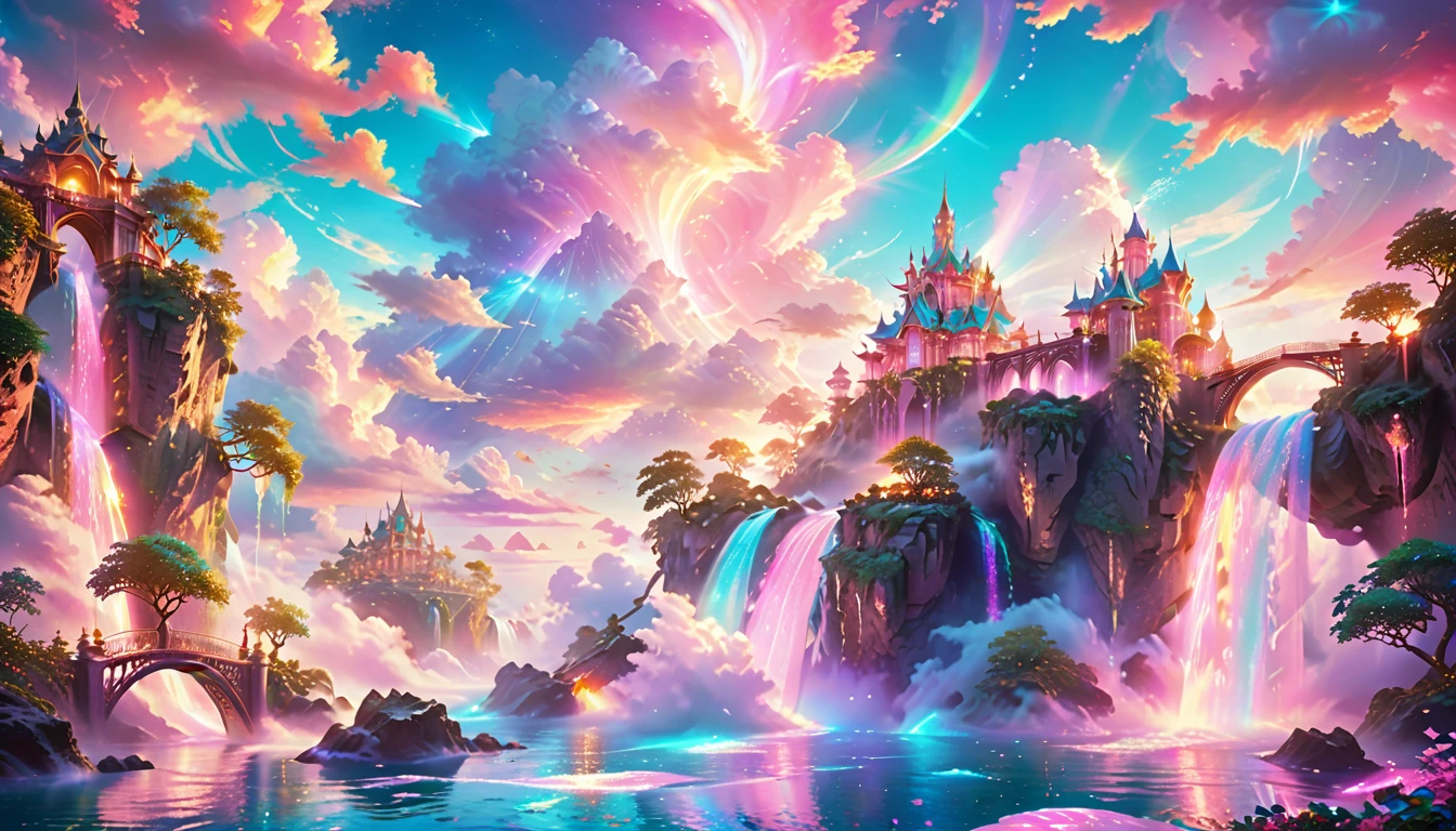 A Masterpiece In 32K Resolution: Supreme Quality, Super Detail, Official Art, Very High-Resolution 32K Wallpaper, Beautiful And Aesthetic, Ultra-Detailed Features, Awe-Inspiring Detail. Enchanted Scenes Of A Majestic Romantic Fantasy Realm. Imagine A Breathtaking World Of Romantic Fantasy, Where Intricate Floating Islands Drift Amid Fluffy Clouds. Waterfalls Cascade Gracefully From These Islands, Creating A Mesmerizing Spectacle Within A Vibrant, Surreal Atmosphere. The Environment Radiates Wonder And Tranquility, Infused With A Harmonious Blend Of Soft Pinks And Vibrant Jewel Tones. This Scene Will Be Illustrated In An Anime Style, Featuring Soft Lines And Pastel Colors Accented With Whimsical Touches. Each Building Is Exquisitely Detailed And Elegant, Capturing The Ethereal Beauty And Serenity Of A Dreamlike Realm. The Artwork Will Evoke A Sense Of Escape From The Ordinary, Showcasing Glimmering Cyan Waters And A Colorful Watercolor Sky. Add Glowing Elements And A Multitude Of Enchanting Fantasy Details, Including Iridescent Features, Beautifully Crafted Landscapes, And Sparkling Accents. The Overall Effect Should Resonate With A Captivating Fantasy Art Style, Rich In Vibrant Colors And Blurred, Surreal Details That Transport Viewers To This Magical Realm.