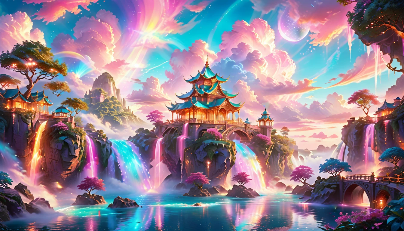 A Masterpiece In 32K Resolution: Supreme Quality, Super Detail, Official Art, Very High-Resolution 32K Wallpaper, Beautiful And Aesthetic, Ultra-Detailed Features, Awe-Inspiring Detail. Enchanted Scenes Of A Majestic Romantic Fantasy Realm. Imagine A Breathtaking World Of Romantic Fantasy, Where Intricate Floating Islands Drift Amid Fluffy Clouds. Waterfalls Cascade Gracefully From These Islands, Creating A Mesmerizing Spectacle Within A Vibrant, Surreal Atmosphere. The Environment Radiates Wonder And Tranquility, Infused With A Harmonious Blend Of Soft Pinks And Vibrant Jewel Tones. This Scene Will Be Illustrated In An Anime Style, Featuring Soft Lines And Pastel Colors Accented With Whimsical Touches. Each Building Is Exquisitely Detailed And Elegant, Capturing The Ethereal Beauty And Serenity Of A Dreamlike Realm. The Artwork Will Evoke A Sense Of Escape From The Ordinary, Showcasing Glimmering Cyan Waters And A Colorful Watercolor Sky. Add Glowing Elements And A Multitude Of Enchanting Fantasy Details, Including Iridescent Features, Beautifully Crafted Landscapes, And Sparkling Accents. The Overall Effect Should Resonate With A Captivating Fantasy Art Style, Rich In Vibrant Colors And Blurred, Surreal Details That Transport Viewers To This Magical Realm.