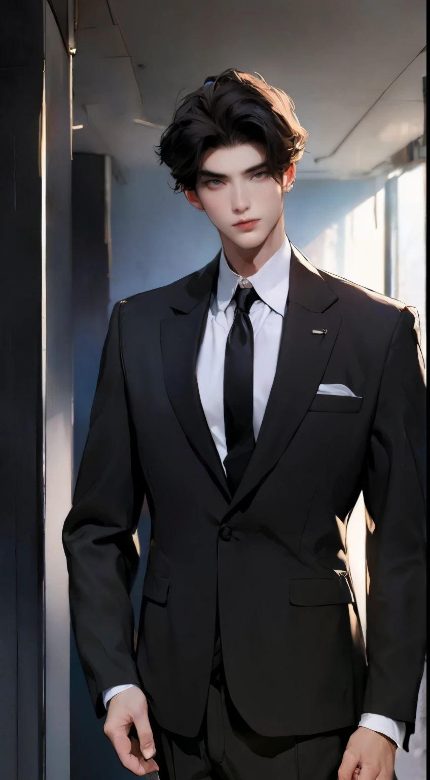 ((a young man in a black suit and tie)), taken in the early 2020s, gotham, alejandro, he looks very sophisticated, (((left side swept black short hair))), (dark green eyes and thick eyebrows), smirk. ((20 years old)), ((Black suite and black tie)), masterpiece, posture dynamic, one person, ((brown skin))