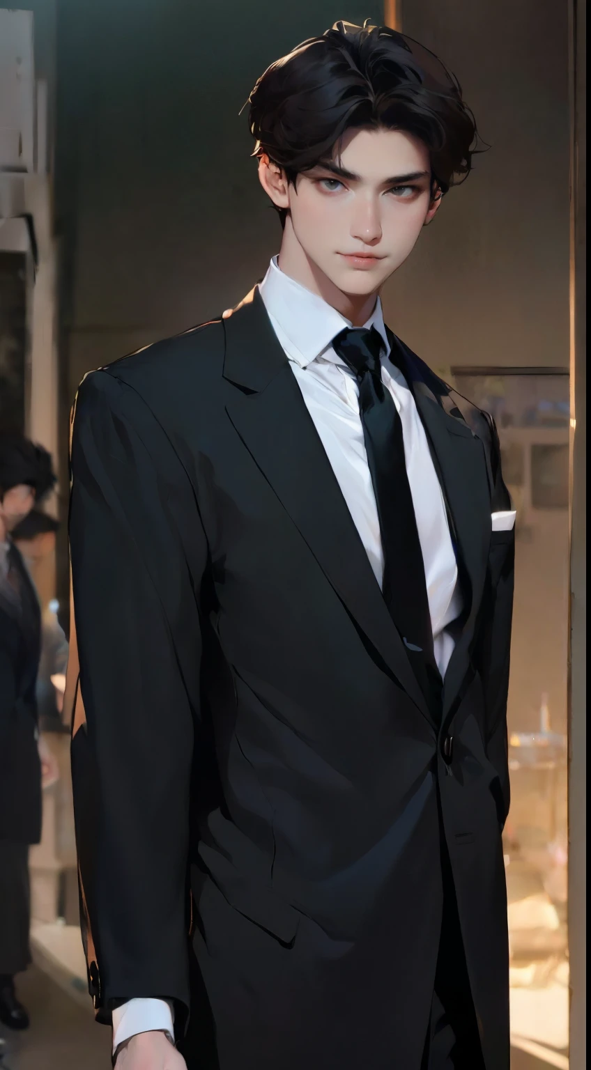 ((a young man in a black suit and tie)), taken in the early 2020s, gotham, alejandro, he looks very sophisticated, (((left side swept black short hair))), (dark green eyes and thick eyebrows), smirk. ((20 years old)), ((Black suite and black tie)), masterpiece, posture dynamic, one person, ((brown skin))