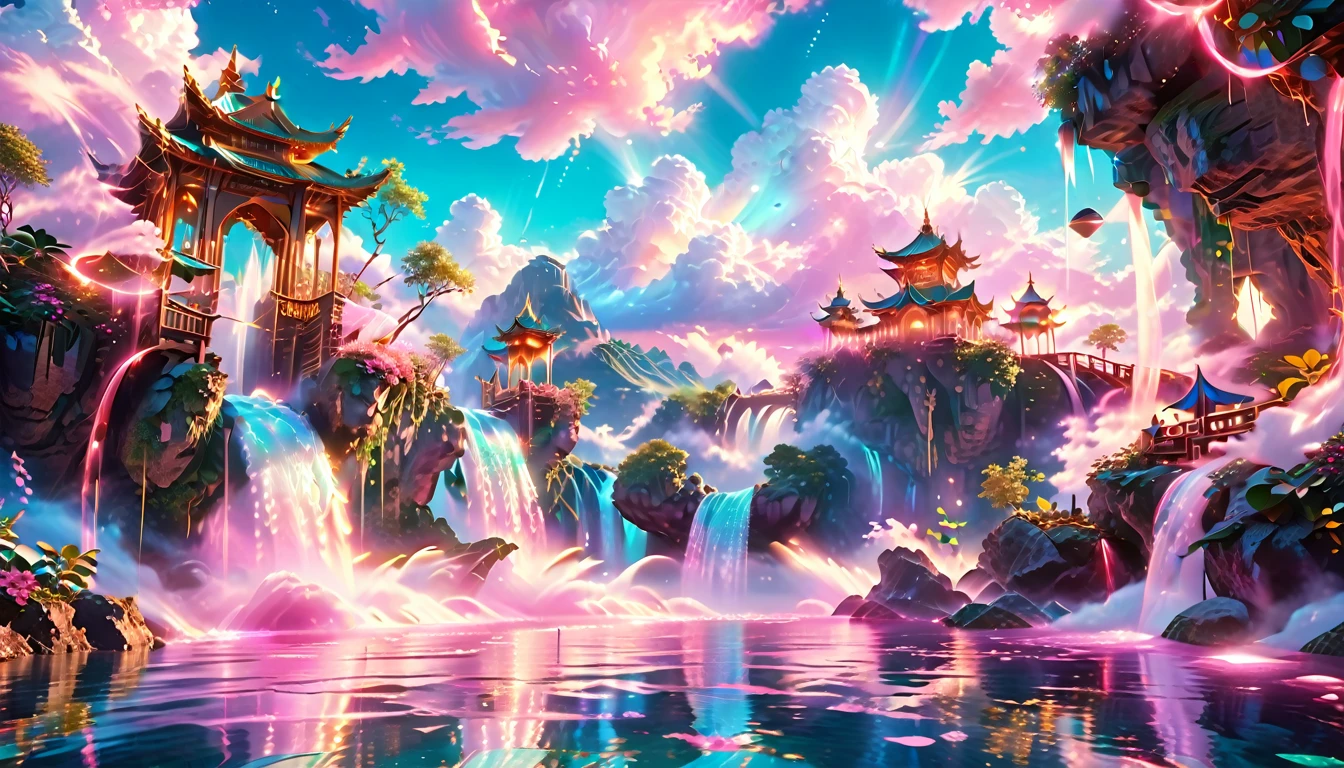 A Masterpiece In 32K Resolution: Supreme Quality, Super Detail, Official Art, Very High-Resolution 32K Wallpaper, Beautiful And Aesthetic, Ultra-Detailed Features, Awe-Inspiring Detail. Enchanted Scenes Of A Majestic Romantic Fantasy Realm. Imagine A Breathtaking World Of Romantic Fantasy, Where Intricate Floating Islands Drift Amid Fluffy Clouds. Waterfalls Cascade Gracefully From These Islands, Creating A Mesmerizing Spectacle Within A Vibrant, Surreal Atmosphere. The Environment Radiates Wonder And Tranquility, Infused With A Harmonious Blend Of Soft Pinks And Vibrant Jewel Tones. This Scene Will Be Illustrated In An Anime Style, Featuring Soft Lines And Pastel Colors Accented With Whimsical Touches. Each Building Is Exquisitely Detailed And Elegant, Capturing The Ethereal Beauty And Serenity Of A Dreamlike Realm. The Artwork Will Evoke A Sense Of Escape From The Ordinary, Showcasing Glimmering Cyan Waters And A Colorful Watercolor Sky. Add Glowing Elements And A Multitude Of Enchanting Fantasy Details, Including Iridescent Features, Beautifully Crafted Landscapes, And Sparkling Accents. The Overall Effect Should Resonate With A Captivating Fantasy Art Style, Rich In Vibrant Colors And Blurred, Surreal Details That Transport Viewers To This Magical Realm.