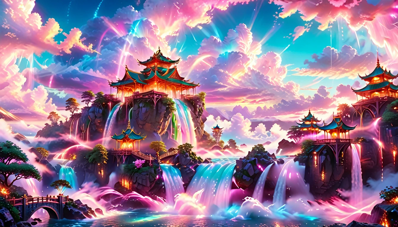 A Masterpiece In 32K Resolution: Supreme Quality, Super Detail, Official Art, Very High-Resolution 32K Wallpaper, Beautiful And Aesthetic, Ultra-Detailed Features, Awe-Inspiring Detail. Enchanted Scenes Of A Majestic Romantic Fantasy Realm. Imagine A Breathtaking World Of Romantic Fantasy, Where Intricate Floating Islands Drift Amid Fluffy Clouds. Waterfalls Cascade Gracefully From These Islands, Creating A Mesmerizing Spectacle Within A Vibrant, Surreal Atmosphere. The Environment Radiates Wonder And Tranquility, Infused With A Harmonious Blend Of Soft Pinks And Vibrant Jewel Tones. This Scene Will Be Illustrated In An Anime Style, Featuring Soft Lines And Pastel Colors Accented With Whimsical Touches. Each Building Is Exquisitely Detailed And Elegant, Capturing The Ethereal Beauty And Serenity Of A Dreamlike Realm. The Artwork Will Evoke A Sense Of Escape From The Ordinary, Showcasing Glimmering Cyan Waters And A Colorful Watercolor Sky. Add Glowing Elements And A Multitude Of Enchanting Fantasy Details, Including Iridescent Features, Beautifully Crafted Landscapes, And Sparkling Accents. The Overall Effect Should Resonate With A Captivating Fantasy Art Style, Rich In Vibrant Colors And Blurred, Surreal Details That Transport Viewers To This Magical Realm.