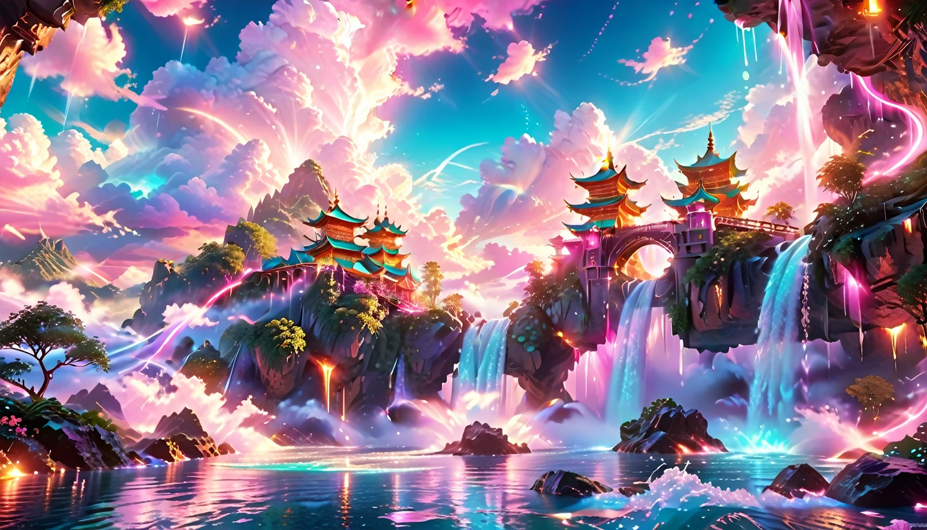 A Masterpiece In 32K Resolution: Supreme Quality, Super Detail, Official Art, Very High-Resolution 32K Wallpaper, Beautiful And Aesthetic, Ultra-Detailed Features, Awe-Inspiring Detail. Enchanted Scenes Of A Majestic Romantic Fantasy Realm. Imagine A Breathtaking World Of Romantic Fantasy, Where Intricate Floating Islands Drift Amid Fluffy Clouds. Waterfalls Cascade Gracefully From These Islands, Creating A Mesmerizing Spectacle Within A Vibrant, Surreal Atmosphere. The Environment Radiates Wonder And Tranquility, Infused With A Harmonious Blend Of Soft Pinks And Vibrant Jewel Tones. This Scene Will Be Illustrated In An Anime Style, Featuring Soft Lines And Pastel Colors Accented With Whimsical Touches. Each Building Is Exquisitely Detailed And Elegant, Capturing The Ethereal Beauty And Serenity Of A Dreamlike Realm. The Artwork Will Evoke A Sense Of Escape From The Ordinary, Showcasing Glimmering Cyan Waters And A Colorful Watercolor Sky. Add Glowing Elements And A Multitude Of Enchanting Fantasy Details, Including Iridescent Features, Beautifully Crafted Landscapes, And Sparkling Accents. The Overall Effect Should Resonate With A Captivating Fantasy Art Style, Rich In Vibrant Colors And Blurred, Surreal Details That Transport Viewers To This Magical Realm.