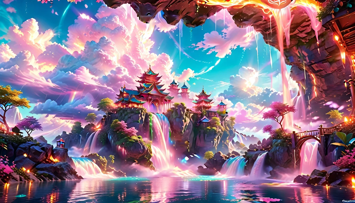 A Masterpiece In 32K Resolution: Supreme Quality, Super Detail, Official Art, Very High-Resolution 32K Wallpaper, Beautiful And Aesthetic, Ultra-Detailed Features, Awe-Inspiring Detail. Enchanted Scenes Of A Majestic Romantic Fantasy Realm. Imagine A Breathtaking World Of Romantic Fantasy, Where Intricate Floating Islands Drift Amid Fluffy Clouds. Waterfalls Cascade Gracefully From These Islands, Creating A Mesmerizing Spectacle Within A Vibrant, Surreal Atmosphere. The Environment Radiates Wonder And Tranquility, Infused With A Harmonious Blend Of Soft Pinks And Vibrant Jewel Tones. This Scene Will Be Illustrated In An Anime Style, Featuring Soft Lines And Pastel Colors Accented With Whimsical Touches. Each Building Is Exquisitely Detailed And Elegant, Capturing The Ethereal Beauty And Serenity Of A Dreamlike Realm. The Artwork Will Evoke A Sense Of Escape From The Ordinary, Showcasing Glimmering Cyan Waters And A Colorful Watercolor Sky. Add Glowing Elements And A Multitude Of Enchanting Fantasy Details, Including Iridescent Features, Beautifully Crafted Landscapes, And Sparkling Accents. The Overall Effect Should Resonate With A Captivating Fantasy Art Style, Rich In Vibrant Colors And Blurred, Surreal Details That Transport Viewers To This Magical Realm.