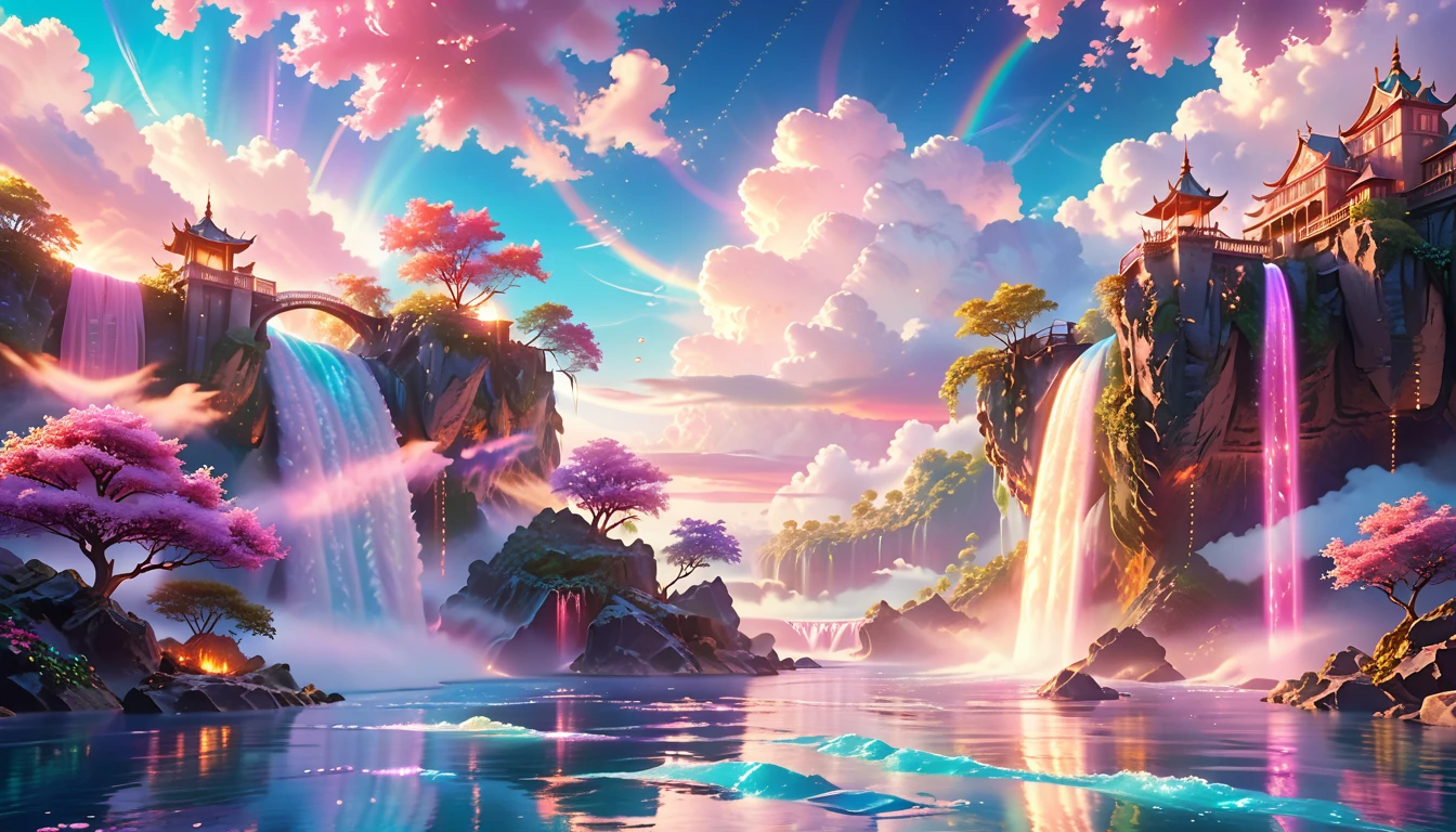 A Masterpiece In 32K Resolution: Supreme Quality, Super Detail, Official Art, Very High-Resolution 32K Wallpaper, Beautiful And Aesthetic, Ultra-Detailed Features, Awe-Inspiring Detail. Enchanted Scenes Of A Majestic Romantic Fantasy Realm. Imagine A Breathtaking World Of Romantic Fantasy, Where Intricate Floating Islands Drift Amid Fluffy Clouds. Waterfalls Cascade Gracefully From These Islands, Creating A Mesmerizing Spectacle Within A Vibrant, Surreal Atmosphere. The Environment Radiates Wonder And Tranquility, Infused With A Harmonious Blend Of Soft Pinks And Vibrant Jewel Tones. This Scene Will Be Illustrated In An Anime Style, Featuring Soft Lines And Pastel Colors Accented With Whimsical Touches. Each Building Is Exquisitely Detailed And Elegant, Capturing The Ethereal Beauty And Serenity Of A Dreamlike Realm. The Artwork Will Evoke A Sense Of Escape From The Ordinary, Showcasing Glimmering Cyan Waters And A Colorful Watercolor Sky. Add Glowing Elements And A Multitude Of Enchanting Fantasy Details, Including Iridescent Features, Beautifully Crafted Landscapes, And Sparkling Accents. The Overall Effect Should Resonate With A Captivating Fantasy Art Style, Rich In Vibrant Colors And Blurred, Surreal Details That Transport Viewers To This Magical Realm.