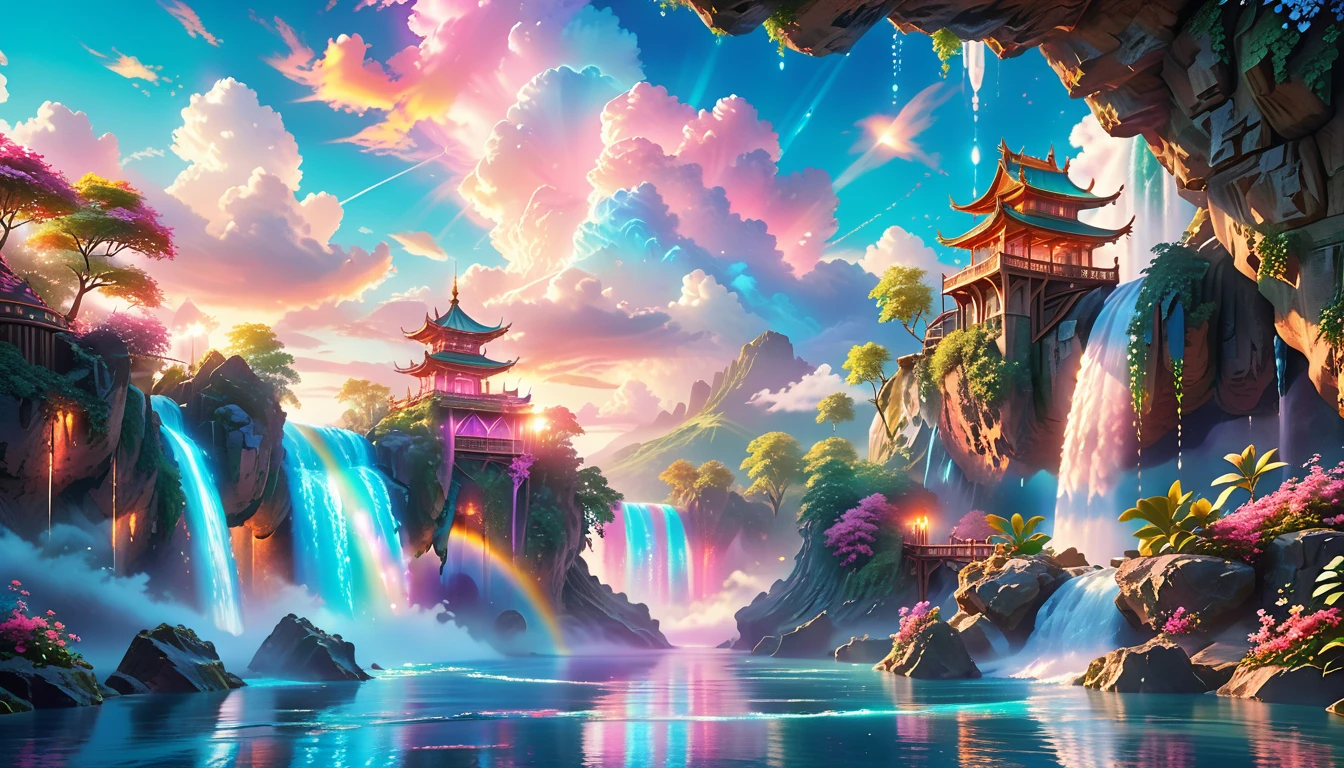 A Masterpiece In 32K Resolution: Supreme Quality, Super Detail, Official Art, Very High-Resolution 32K Wallpaper, Beautiful And Aesthetic, Ultra-Detailed Features, Awe-Inspiring Detail. Enchanted Scenes Of A Majestic Romantic Fantasy Realm. Imagine A Breathtaking World Of Romantic Fantasy, Where Intricate Floating Islands Drift Amid Fluffy Clouds. Waterfalls Cascade Gracefully From These Islands, Creating A Mesmerizing Spectacle Within A Vibrant, Surreal Atmosphere. The Environment Radiates Wonder And Tranquility, Infused With A Harmonious Blend Of Soft Pinks And Vibrant Jewel Tones. This Scene Will Be Illustrated In An Anime Style, Featuring Soft Lines And Pastel Colors Accented With Whimsical Touches. Each Building Is Exquisitely Detailed And Elegant, Capturing The Ethereal Beauty And Serenity Of A Dreamlike Realm. The Artwork Will Evoke A Sense Of Escape From The Ordinary, Showcasing Glimmering Cyan Waters And A Colorful Watercolor Sky. Add Glowing Elements And A Multitude Of Enchanting Fantasy Details, Including Iridescent Features, Beautifully Crafted Landscapes, And Sparkling Accents. The Overall Effect Should Resonate With A Captivating Fantasy Art Style, Rich In Vibrant Colors And Blurred, Surreal Details That Transport Viewers To This Magical Realm.