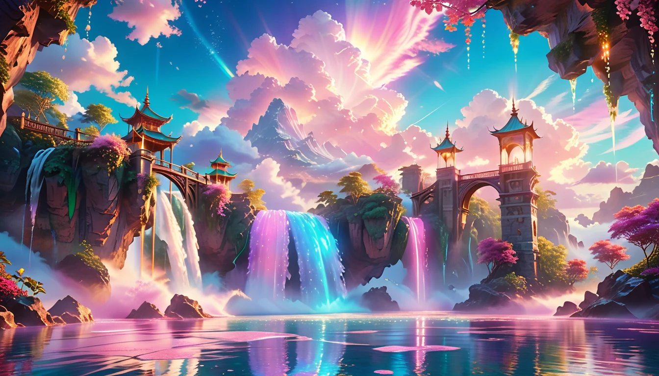 A Masterpiece In 32K Resolution: Supreme Quality, Super Detail, Official Art, Very High-Resolution 32K Wallpaper, Beautiful And Aesthetic, Ultra-Detailed Features, Awe-Inspiring Detail. Enchanted Scenes Of A Majestic Romantic Fantasy Realm. Imagine A Breathtaking World Of Romantic Fantasy, Where Intricate Floating Islands Drift Amid Fluffy Clouds. Waterfalls Cascade Gracefully From These Islands, Creating A Mesmerizing Spectacle Within A Vibrant, Surreal Atmosphere. The Environment Radiates Wonder And Tranquility, Infused With A Harmonious Blend Of Soft Pinks And Vibrant Jewel Tones. This Scene Will Be Illustrated In An Anime Style, Featuring Soft Lines And Pastel Colors Accented With Whimsical Touches. Each Building Is Exquisitely Detailed And Elegant, Capturing The Ethereal Beauty And Serenity Of A Dreamlike Realm. The Artwork Will Evoke A Sense Of Escape From The Ordinary, Showcasing Glimmering Cyan Waters And A Colorful Watercolor Sky. Add Glowing Elements And A Multitude Of Enchanting Fantasy Details, Including Iridescent Features, Beautifully Crafted Landscapes, And Sparkling Accents. The Overall Effect Should Resonate With A Captivating Fantasy Art Style, Rich In Vibrant Colors And Blurred, Surreal Details That Transport Viewers To This Magical Realm.