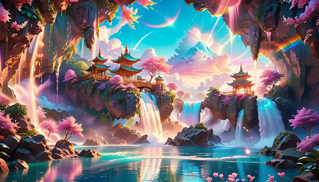 A Masterpiece In 32K Resolution: Supreme Quality, Super Detail, Official Art, Very High-Resolution 32K Wallpaper, Beautiful And Aesthetic, Ultra-Detailed Features, Awe-Inspiring Detail. Enchanted Scenes Of A Majestic Romantic Fantasy Realm. Imagine A Breathtaking World Of Romantic Fantasy, Where Intricate Floating Islands Drift Amid Fluffy Clouds. Waterfalls Cascade Gracefully From These Islands, Creating A Mesmerizing Spectacle Within A Vibrant, Surreal Atmosphere. The Environment Radiates Wonder And Tranquility, Infused With A Harmonious Blend Of Soft Pinks And Vibrant Jewel Tones. This Scene Will Be Illustrated In An Anime Style, Featuring Soft Lines And Pastel Colors Accented With Whimsical Touches. Each Building Is Exquisitely Detailed And Elegant, Capturing The Ethereal Beauty And Serenity Of A Dreamlike Realm. The Artwork Will Evoke A Sense Of Escape From The Ordinary, Showcasing Glimmering Cyan Waters And A Colorful Watercolor Sky. Add Glowing Elements And A Multitude Of Enchanting Fantasy Details, Including Iridescent Features, Beautifully Crafted Landscapes, And Sparkling Accents. The Overall Effect Should Resonate With A Captivating Fantasy Art Style, Rich In Vibrant Colors And Blurred, Surreal Details That Transport Viewers To This Magical Realm.