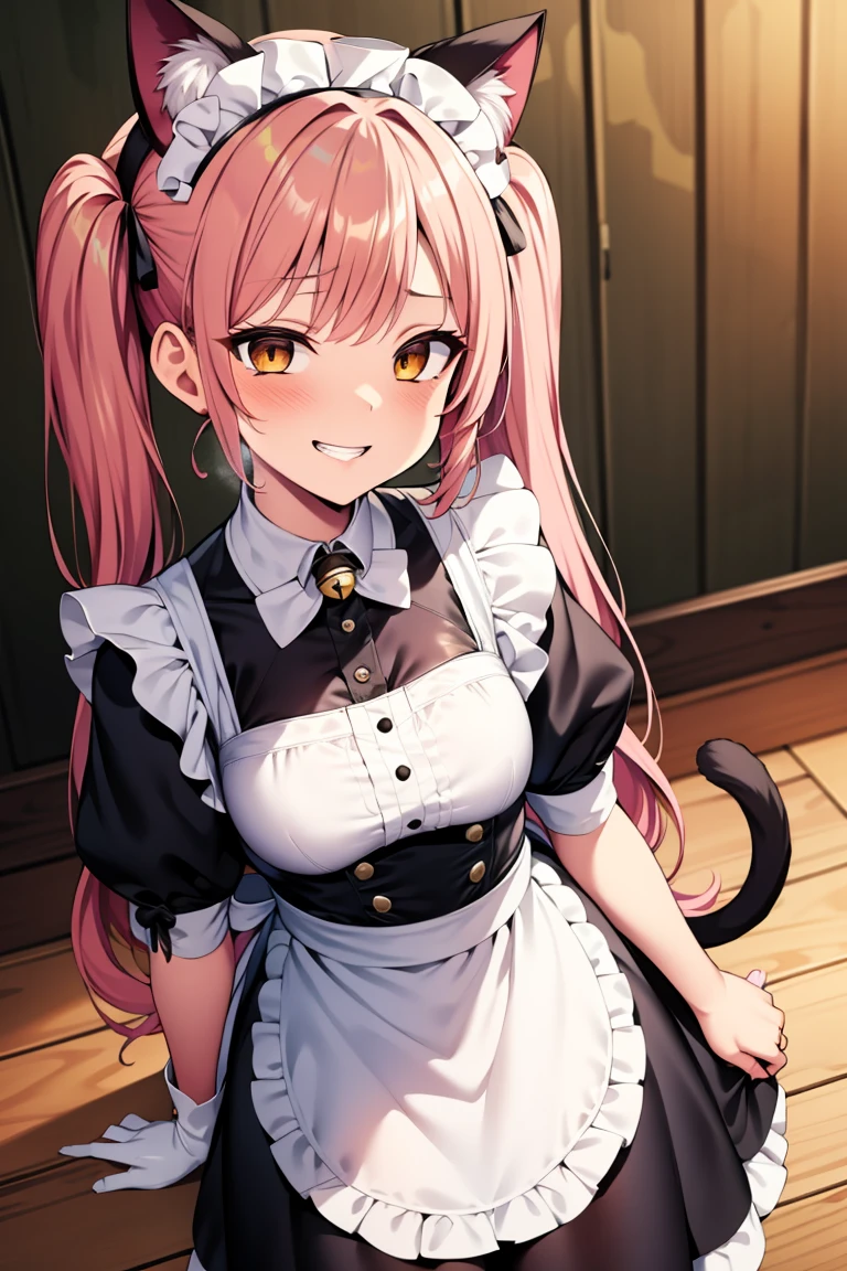 Private Maid, (compensate:1.2), Twin tails, Long Hair, cat ears, Maid&#39;s Headdress, Hair Clip, Clevis, Huge breasts, Neck bell, bow, ((Maid Apron)), White gloves, elbow gloves, Garter Straps, White knee-high, corruption, Hollow Eyes, Half-open eyes, Wicked Smile, No students, Grin, Open your mouth, One girl, Mature Woman, Married Woman, (Dark Magical Girl), Dark Theme, Dark person