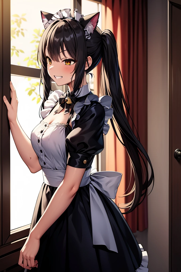 Private Maid, (compensate:1.2), Twin tails, Long Hair, cat ears, Maid&#39;s Headdress, Hair Clip, Clevis, Huge breasts, Neck bell, bow, ((Maid Apron)), White gloves, elbow gloves, Garter Straps, White knee-high, corruption, Hollow Eyes, Half-open eyes, Wicked Smile, No students, Grin, Open your mouth, One girl, Mature Woman, Married Woman, (Dark Magical Girl), Dark Theme, Dark person