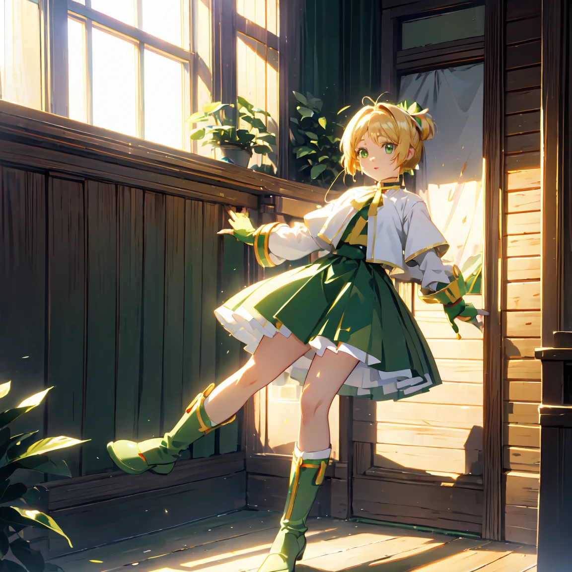 Please redeem、unity 8k wallpaper、32K、masterpiece、Very detailed、Ultra-high resolution、Very detailedな顔、RAW Photos、professional、Ultra-fine painting、Magical Fairy Swordsman Leafa、Blonde long hair、White hair ribbon、green eyes、Green magical girl costume、Blonde ponytail、White hair ribbon、Yellow ribbon with a large emerald brooch、White pleated skirt with green lines、Green and yellow long gloves、Green thigh-high stiletto heel boots with gold molding、