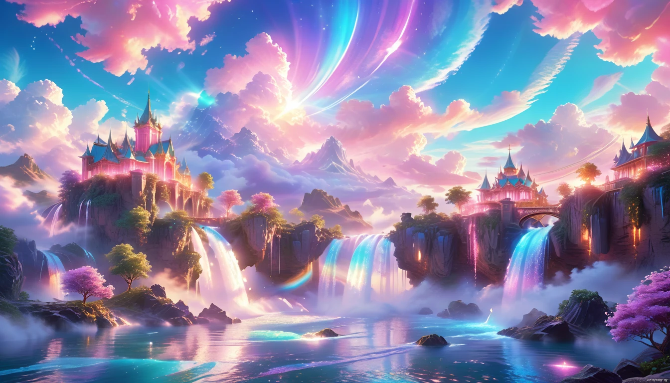 A Masterpiece In 32K Resolution: Supreme Quality, Super Detail, Official Art, Very High-Resolution 32K Wallpaper, Beautiful And Aesthetic, Ultra-Detailed Features, Awe-Inspiring Detail. Enchanted Scenes Of A Majestic Romantic Fantasy Realm. Imagine A Breathtaking World Of Romantic Fantasy, Where Intricate Floating Islands Drift Amid Fluffy Clouds. Waterfalls Cascade Gracefully From These Islands, Creating A Mesmerizing Spectacle Within A Vibrant, Surreal Atmosphere. The Environment Radiates Wonder And Tranquility, Infused With A Harmonious Blend Of Soft Pinks And Vibrant Jewel Tones. This Scene Will Be Illustrated In An Anime Style, Featuring Soft Lines And Pastel Colors Accented With Whimsical Touches. Each Building Is Exquisitely Detailed And Elegant, Capturing The Ethereal Beauty And Serenity Of A Dreamlike Realm. The Artwork Will Evoke A Sense Of Escape From The Ordinary, Showcasing Glimmering Cyan Waters And A Colorful Watercolor Sky. Add Glowing Elements And A Multitude Of Enchanting Fantasy Details, Including Iridescent Features, Beautifully Crafted Landscapes, And Sparkling Accents. The Overall Effect Should Resonate With A Captivating Fantasy Art Style, Rich In Vibrant Colors And Blurred, Surreal Details That Transport Viewers To This Magical Realm.