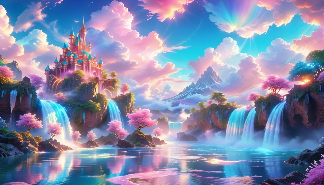 A Masterpiece In 32K Resolution: Supreme Quality, Super Detail, Official Art, Very High-Resolution 32K Wallpaper, Beautiful And Aesthetic, Ultra-Detailed Features, Awe-Inspiring Detail. Enchanted Scenes Of A Majestic Romantic Fantasy Realm. Imagine A Breathtaking World Of Romantic Fantasy, Where Intricate Floating Islands Drift Amid Fluffy Clouds. Waterfalls Cascade Gracefully From These Islands, Creating A Mesmerizing Spectacle Within A Vibrant, Surreal Atmosphere. The Environment Radiates Wonder And Tranquility, Infused With A Harmonious Blend Of Soft Pinks And Vibrant Jewel Tones. This Scene Will Be Illustrated In An Anime Style, Featuring Soft Lines And Pastel Colors Accented With Whimsical Touches. Each Building Is Exquisitely Detailed And Elegant, Capturing The Ethereal Beauty And Serenity Of A Dreamlike Realm. The Artwork Will Evoke A Sense Of Escape From The Ordinary, Showcasing Glimmering Cyan Waters And A Colorful Watercolor Sky. Add Glowing Elements And A Multitude Of Enchanting Fantasy Details, Including Iridescent Features, Beautifully Crafted Landscapes, And Sparkling Accents. The Overall Effect Should Resonate With A Captivating Fantasy Art Style, Rich In Vibrant Colors And Blurred, Surreal Details That Transport Viewers To This Magical Realm.