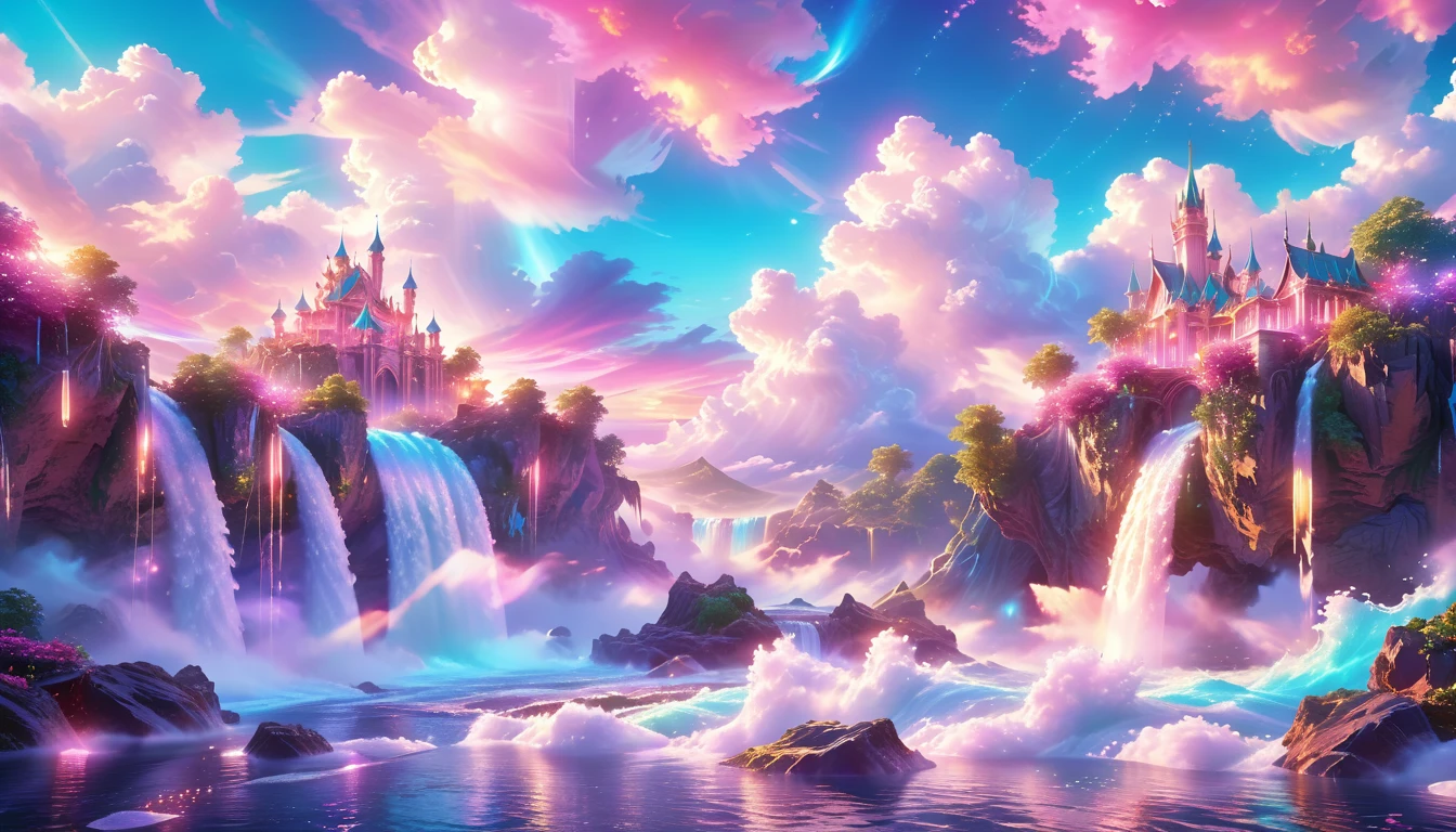 A Masterpiece In 32K Resolution: Supreme Quality, Super Detail, Official Art, Very High-Resolution 32K Wallpaper, Beautiful And Aesthetic, Ultra-Detailed Features, Awe-Inspiring Detail. Enchanted Scenes Of A Majestic Romantic Fantasy Realm. Imagine A Breathtaking World Of Romantic Fantasy, Where Intricate Floating Islands Drift Amid Fluffy Clouds. Waterfalls Cascade Gracefully From These Islands, Creating A Mesmerizing Spectacle Within A Vibrant, Surreal Atmosphere. The Environment Radiates Wonder And Tranquility, Infused With A Harmonious Blend Of Soft Pinks And Vibrant Jewel Tones. This Scene Will Be Illustrated In An Anime Style, Featuring Soft Lines And Pastel Colors Accented With Whimsical Touches. Each Building Is Exquisitely Detailed And Elegant, Capturing The Ethereal Beauty And Serenity Of A Dreamlike Realm. The Artwork Will Evoke A Sense Of Escape From The Ordinary, Showcasing Glimmering Cyan Waters And A Colorful Watercolor Sky. Add Glowing Elements And A Multitude Of Enchanting Fantasy Details, Including Iridescent Features, Beautifully Crafted Landscapes, And Sparkling Accents. The Overall Effect Should Resonate With A Captivating Fantasy Art Style, Rich In Vibrant Colors And Blurred, Surreal Details That Transport Viewers To This Magical Realm.