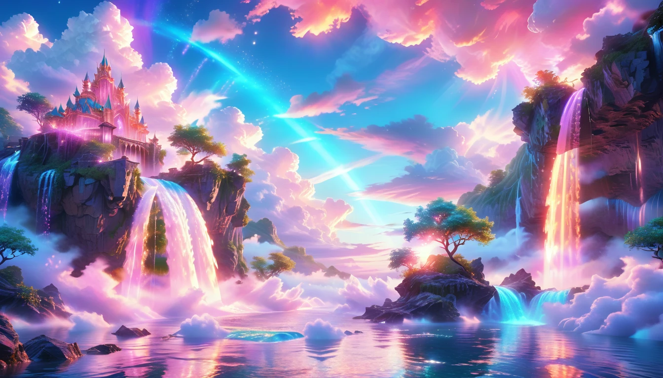 A Masterpiece In 32K Resolution: Supreme Quality, Super Detail, Official Art, Very High-Resolution 32K Wallpaper, Beautiful And Aesthetic, Ultra-Detailed Features, Awe-Inspiring Detail. Enchanted Scenes Of A Majestic Romantic Fantasy Realm. Imagine A Breathtaking World Of Romantic Fantasy, Where Intricate Floating Islands Drift Amid Fluffy Clouds. Waterfalls Cascade Gracefully From These Islands, Creating A Mesmerizing Spectacle Within A Vibrant, Surreal Atmosphere. The Environment Radiates Wonder And Tranquility, Infused With A Harmonious Blend Of Soft Pinks And Vibrant Jewel Tones. This Scene Will Be Illustrated In An Anime Style, Featuring Soft Lines And Pastel Colors Accented With Whimsical Touches. Each Building Is Exquisitely Detailed And Elegant, Capturing The Ethereal Beauty And Serenity Of A Dreamlike Realm. The Artwork Will Evoke A Sense Of Escape From The Ordinary, Showcasing Glimmering Cyan Waters And A Colorful Watercolor Sky. Add Glowing Elements And A Multitude Of Enchanting Fantasy Details, Including Iridescent Features, Beautifully Crafted Landscapes, And Sparkling Accents. The Overall Effect Should Resonate With A Captivating Fantasy Art Style, Rich In Vibrant Colors And Blurred, Surreal Details That Transport Viewers To This Magical Realm.