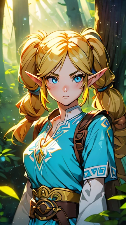 (1girl, Alone, Bubbles), (extremely detailed CG unit 8k wallpaper),(master part), (best quality), (ultra detail), (best illustration),(Xuer-Zelda-style), cowboy shot, (Sharp eyeliner, ombre, detailed eyes:1), forest, outdoors background, ,break,  (FanFo), upper body, yellow-blonde hair, blue eyes, short twintails, pigtails