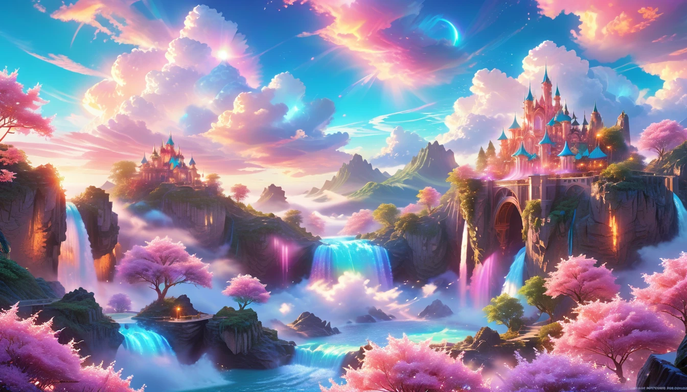 A Masterpiece In 32K Resolution: Supreme Quality, Super Detail, Official Art, Very High-Resolution 32K Wallpaper, Beautiful And Aesthetic, Ultra-Detailed Features, Awe-Inspiring Detail. Enchanted Scenes Of A Majestic Romantic Fantasy Realm. Imagine A Breathtaking World Of Romantic Fantasy, Where Intricate Floating Islands Drift Amid Fluffy Clouds. Waterfalls Cascade Gracefully From These Islands, Creating A Mesmerizing Spectacle Within A Vibrant, Surreal Atmosphere. The Environment Radiates Wonder And Tranquility, Infused With A Harmonious Blend Of Soft Pinks And Vibrant Jewel Tones. This Scene Will Be Illustrated In An Anime Style, Featuring Soft Lines And Pastel Colors Accented With Whimsical Touches. Each Building Is Exquisitely Detailed And Elegant, Capturing The Ethereal Beauty And Serenity Of A Dreamlike Realm. The Artwork Will Evoke A Sense Of Escape From The Ordinary, Showcasing Glimmering Cyan Waters And A Colorful Watercolor Sky. Add Glowing Elements And A Multitude Of Enchanting Fantasy Details, Including Iridescent Features, Beautifully Crafted Landscapes, And Sparkling Accents. The Overall Effect Should Resonate With A Captivating Fantasy Art Style, Rich In Vibrant Colors And Blurred, Surreal Details That Transport Viewers To This Magical Realm.