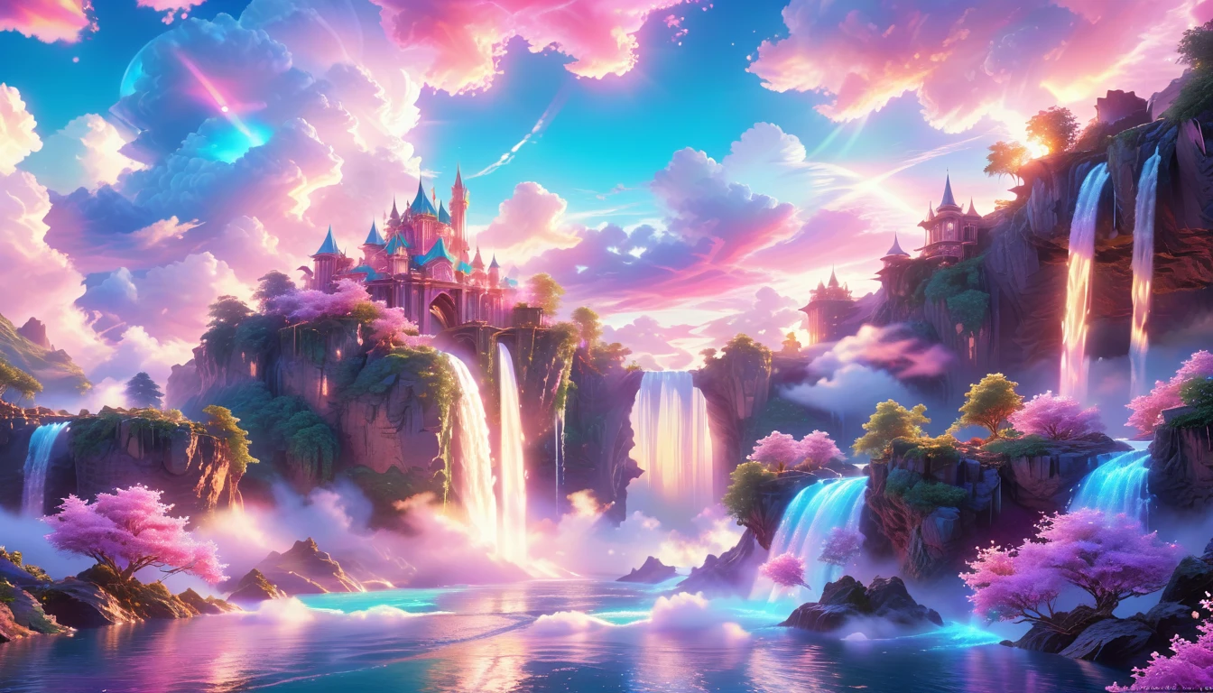 A Masterpiece In 32K Resolution: Supreme Quality, Super Detail, Official Art, Very High-Resolution 32K Wallpaper, Beautiful And Aesthetic, Ultra-Detailed Features, Awe-Inspiring Detail. Enchanted Scenes Of A Majestic Romantic Fantasy Realm. Imagine A Breathtaking World Of Romantic Fantasy, Where Intricate Floating Islands Drift Amid Fluffy Clouds. Waterfalls Cascade Gracefully From These Islands, Creating A Mesmerizing Spectacle Within A Vibrant, Surreal Atmosphere. The Environment Radiates Wonder And Tranquility, Infused With A Harmonious Blend Of Soft Pinks And Vibrant Jewel Tones. This Scene Will Be Illustrated In An Anime Style, Featuring Soft Lines And Pastel Colors Accented With Whimsical Touches. Each Building Is Exquisitely Detailed And Elegant, Capturing The Ethereal Beauty And Serenity Of A Dreamlike Realm. The Artwork Will Evoke A Sense Of Escape From The Ordinary, Showcasing Glimmering Cyan Waters And A Colorful Watercolor Sky. Add Glowing Elements And A Multitude Of Enchanting Fantasy Details, Including Iridescent Features, Beautifully Crafted Landscapes, And Sparkling Accents. The Overall Effect Should Resonate With A Captivating Fantasy Art Style, Rich In Vibrant Colors And Blurred, Surreal Details That Transport Viewers To This Magical Realm.