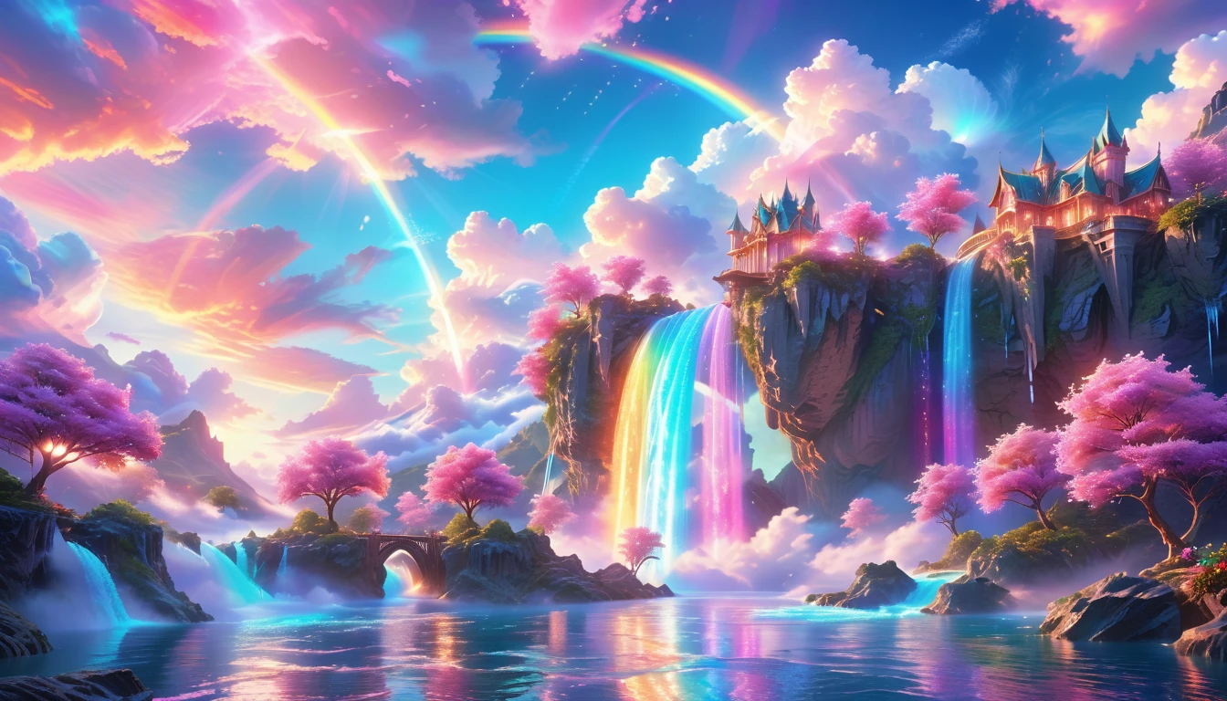 A Masterpiece In 32K Resolution: Supreme Quality, Super Detail, Official Art, Very High-Resolution 32K Wallpaper, Beautiful And Aesthetic, Ultra-Detailed Features, Awe-Inspiring Detail. Enchanted Scenes Of A Majestic Romantic Fantasy Realm. Imagine A Breathtaking World Of Romantic Fantasy, Where Intricate Floating Islands Drift Amid Fluffy Clouds. Waterfalls Cascade Gracefully From These Islands, Creating A Mesmerizing Spectacle Within A Vibrant, Surreal Atmosphere. The Environment Radiates Wonder And Tranquility, Infused With A Harmonious Blend Of Soft Pinks And Vibrant Jewel Tones. This Scene Will Be Illustrated In An Anime Style, Featuring Soft Lines And Pastel Colors Accented With Whimsical Touches. Each Building Is Exquisitely Detailed And Elegant, Capturing The Ethereal Beauty And Serenity Of A Dreamlike Realm. The Artwork Will Evoke A Sense Of Escape From The Ordinary, Showcasing Glimmering Cyan Waters And A Colorful Watercolor Sky. Add Glowing Elements And A Multitude Of Enchanting Fantasy Details, Including Iridescent Features, Beautifully Crafted Landscapes, And Sparkling Accents. The Overall Effect Should Resonate With A Captivating Fantasy Art Style, Rich In Vibrant Colors And Blurred, Surreal Details That Transport Viewers To This Magical Realm.