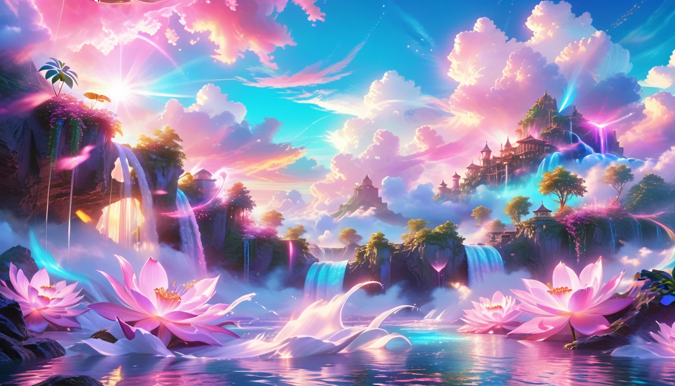 A Masterpiece In 32K Resolution: Supreme Quality, Super Detail, Official Art, Very High-Resolution 32K Wallpaper, Beautiful And Aesthetic, Ultra-Detailed Features, Awe-Inspiring Detail. Enchanted Scenes Of A Majestic Romantic Fantasy Realm. Imagine A Breathtaking World Of Romantic Fantasy, Where Intricate Floating Islands Drift Amid Fluffy Clouds. Waterfalls Cascade Gracefully From These Islands, Creating A Mesmerizing Spectacle Within A Vibrant, Surreal Atmosphere. The Environment Radiates Wonder And Tranquility, Infused With A Harmonious Blend Of Soft Pinks And Vibrant Jewel Tones. This Scene Will Be Illustrated In An Anime Style, Featuring Soft Lines And Pastel Colors Accented With Whimsical Touches. Each Building Is Exquisitely Detailed And Elegant, Capturing The Ethereal Beauty And Serenity Of A Dreamlike Realm. The Artwork Will Evoke A Sense Of Escape From The Ordinary, Showcasing Glimmering Cyan Waters And A Colorful Watercolor Sky. Add Glowing Elements And A Multitude Of Enchanting Fantasy Details, Including Iridescent Features, Beautifully Crafted Landscapes, And Sparkling Accents. The Overall Effect Should Resonate With A Captivating Fantasy Art Style, Rich In Vibrant Colors And Blurred, Surreal Details That Transport Viewers To This Magical Realm.