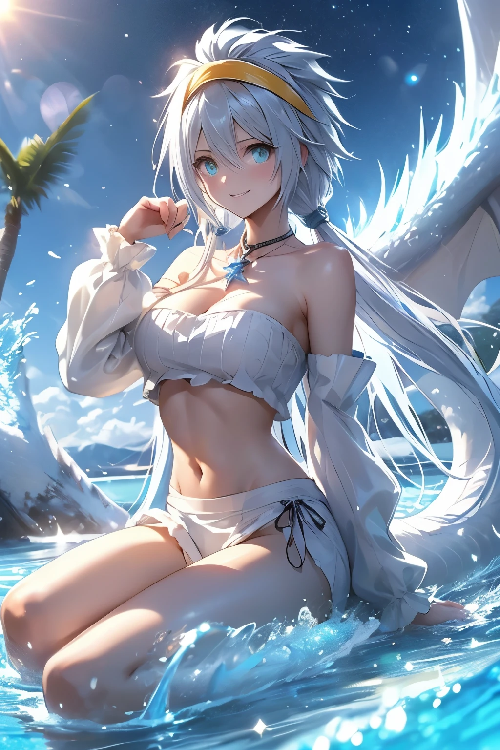 （（（ＳＦＷ、Highest quality、First Class、masterpiece、Normal body、8k、Detailed face、Ultra-precision、Normal hand、Normal finger、Highest、Takumi）））、Velzard、VELZARD、Beauty、Silver Hair、Tube tops、Yellow Hairband、-That Time I Got Reincarnated as a Slime-、White Ice Dragon、Sexy cleavage、Captivating smile、Sexy pose、Full body view