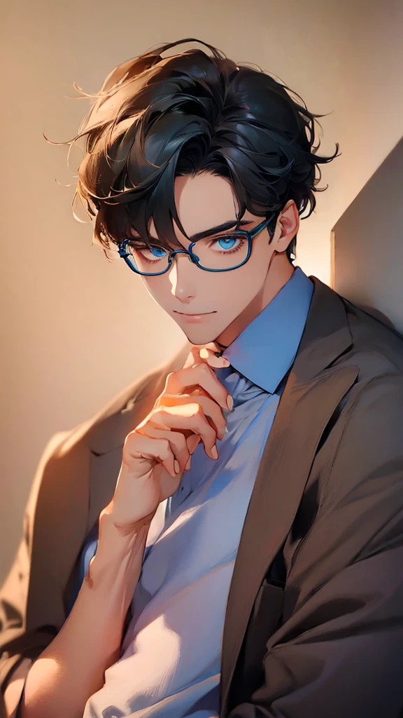 masterpiece, best quality, 1boy, gray black hair, blue eyes, glasses, white shirt, mugshot, wall background, detailed eyes, detailed facial features, realistic and high resolution (best quality, 4k, 8k, highres, masterpiece:1.2)