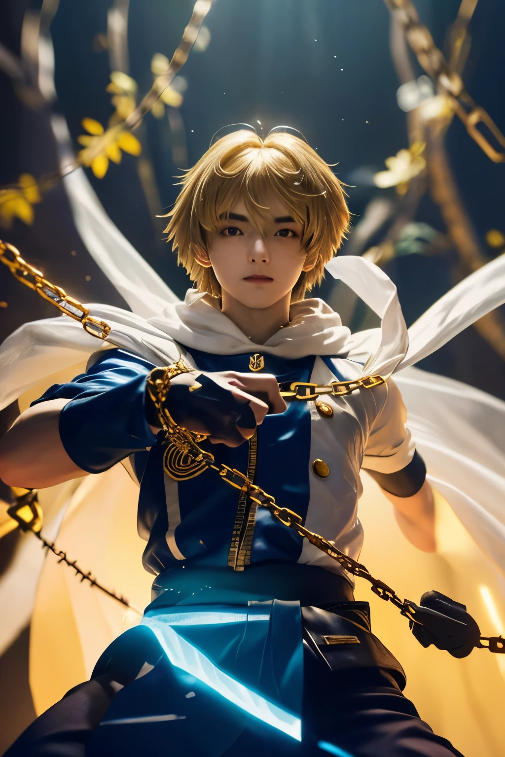 1boy, masterpiece, realistic, absurdres, best quality, high resolution, (Kurapika:1.4), japanese boy, very handsome, perfect face, cute face, intricate detail, clear and beautiful detailed eyes, messy blonde short hair, shiny hair, bangs, blue tabard, white shirt, gold trim, holdig a chain, chains flying, slim muscular, handsome muscle, detailed skin, perfect hand, good anatomy, looking at camera, action scene, dynamic pose, fantasy, night, tree, Moonlight at night, wilderness, flowers, skynight, studio lighting, soft light, upper body portrait, front view, Professional photography, 8K UHD,