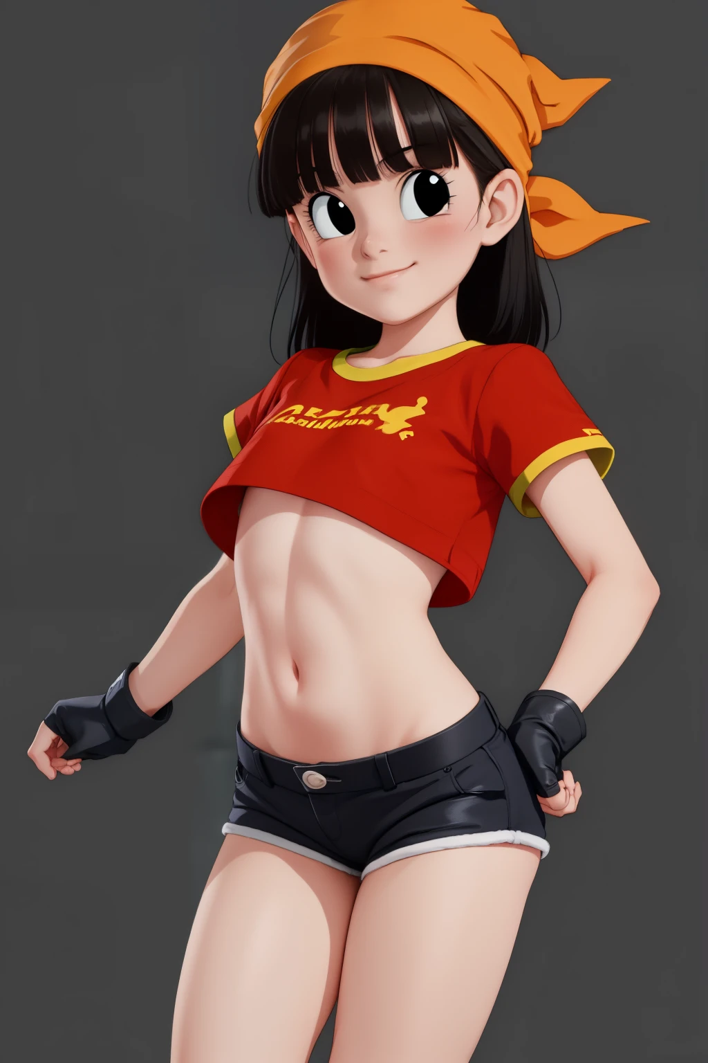 Mantis X, black eyes, black hair, short hair, orange bandana, pants, fingerless gloves, red shirt, crop top, 1girl, l0li, 10yearsold, childish body, teen, thin, skinny, slim, young pretty face, thin lips, short stature, compact body, petite limbs, broad pelvis, wide hips, thick thighs, huge ass, small chest, cameltoe, cunny, cute, smug, simple background, full body, hands free,