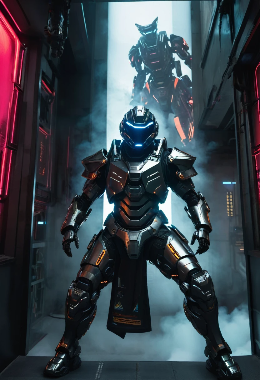 a close up of a robot in a building with a helmet on, cyberpunk flame suit, cyberpunk armor, cyberpunk suit, sci - fi suit, intricate cyberpunk armor, cybernetic fire armor, apex legends armor, cyber suit, cybernetic flame armor, clothed in sci-fi military armor, warrior in sci-fi armour, sci - fi armor