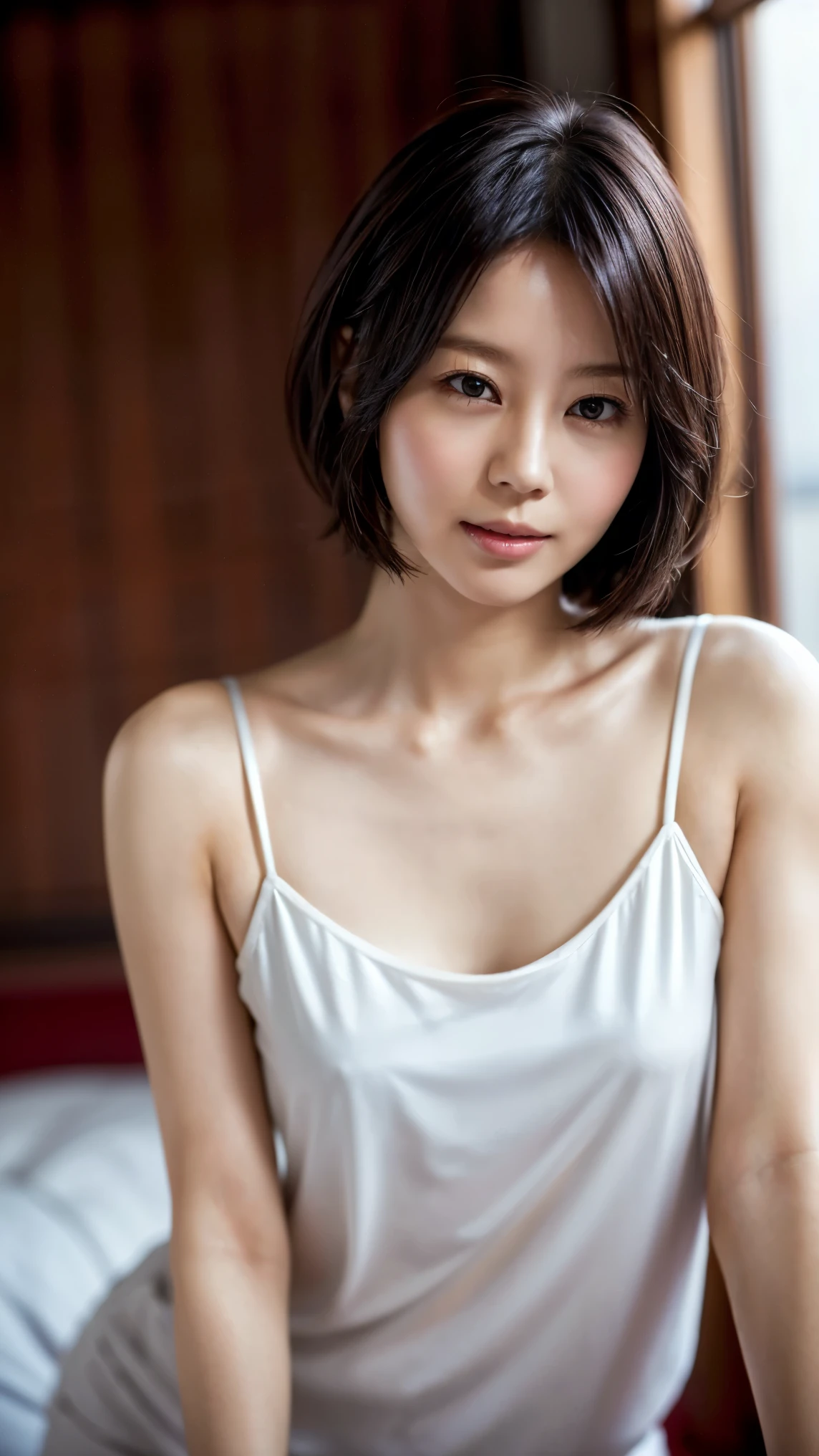 ((Petite women, Voluptuous women, No makeup, Narrow eyes, Small eyes, 笑face)), (Full body portrait, Black Hair, short hair, Small breasts, Wear a white t-shirt, Protruding nipples, Thick pubic hair), White-skinned, Very thin lips, skinny, Body Type, Delicate and sexy collarbone, Best Quality, RAW Photos, Realistic, face, so beautiful, cute, Depth of the written border, High resolution, 超detailed, detailed, Very detailed, extremely detailed eye and face, Sharp focus, Cinema Lighting