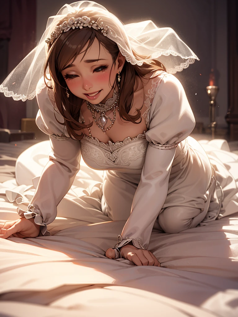 (bright lighting,romantic setting),bride captured, dreamy background,bondage,dark hair, mesmerizing gaze, , soft skin, alluring beauty, artistic portrait, high-quality image, vibrant colors, long silk gown, in the bed,tape bondage,tape gag, mosquito net, bridal