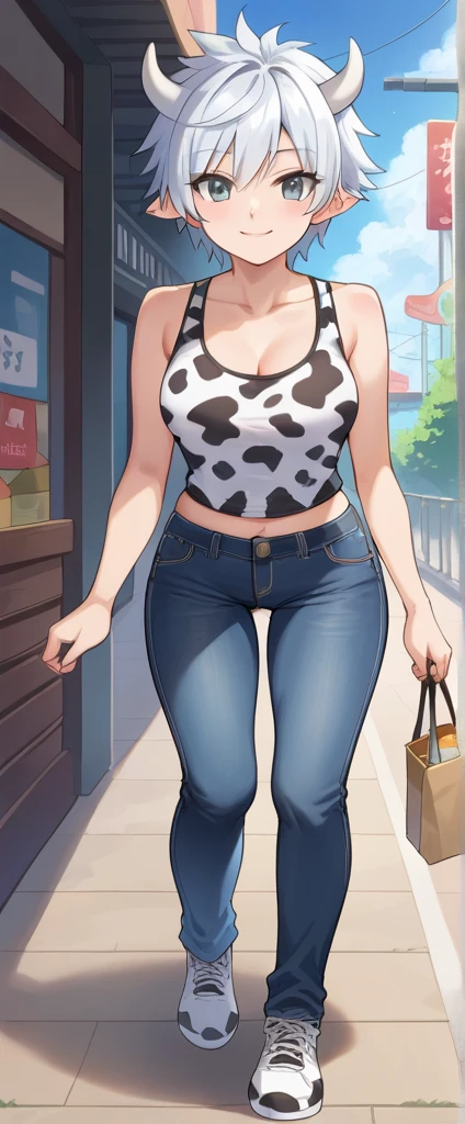 ((highres)), Masterpiece, high quality, best quality, beautiful, perfect lighting, detailed face, ultra cute face, ((1girl)), ((blush)), ((blush)), embarrassed, looking at viewer, skindentation, short brown hair, fluffy hair, green eyes, jeans, tank top, tight clothes, full body, fast food restaurant, medium breasts, perky breasts, cleavage, ((wide hips)), ((massive thighs)), ((plump)), chubby belly, fat folds, standing, arms behind back, looking at viewer, spoken heart,