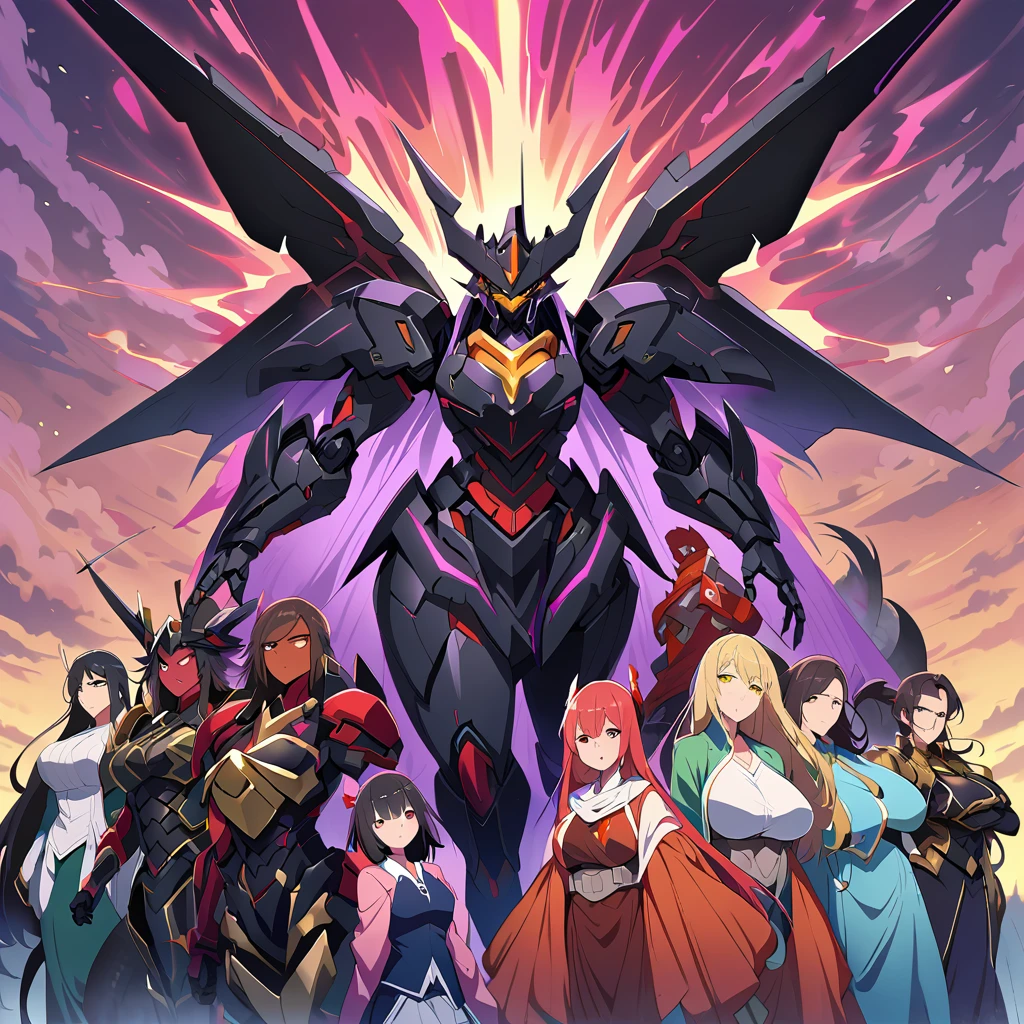 Anime, high detailed, multiple womans, mature womans, dark Ebony mecha armor, large mechanical wings, evil grin, large clawed Gauntlet, red skin, curvy body, long mechanical tail,black sclera、Colored sclera、crimson Colored skin、Yellow Eyes, elongated pupils,  Mature Woman、Black-purple aura、womans surrounding, background a glacier region