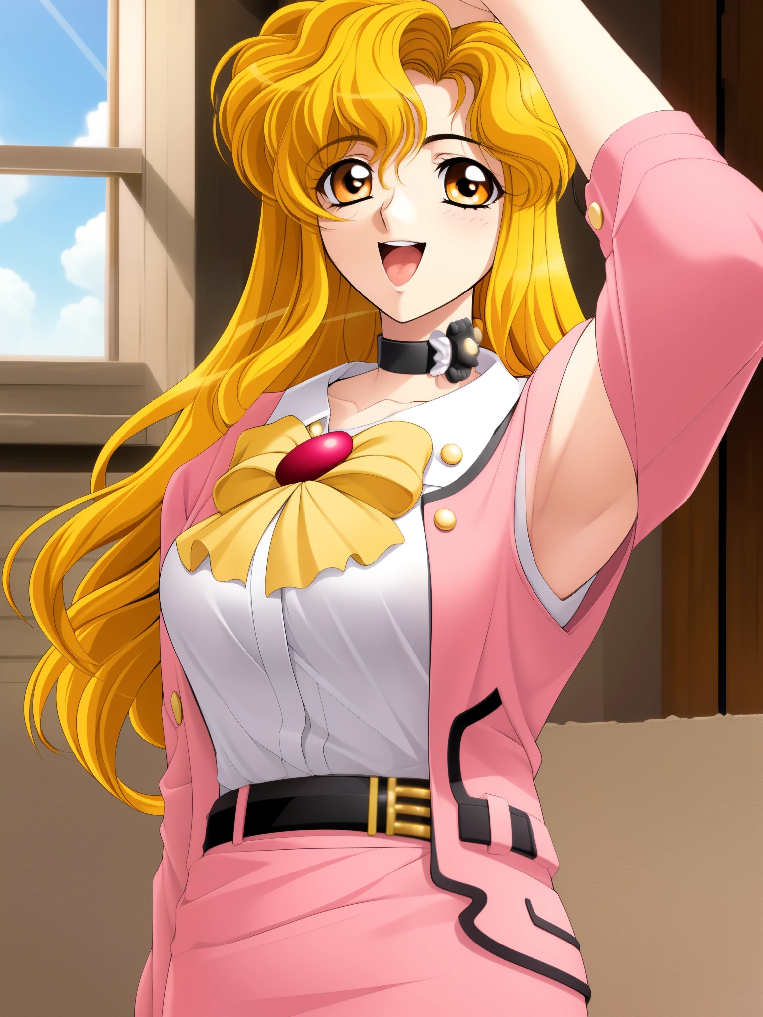 Sleeveless,Armpit Show,ItoRyoko, One girl, Alone, Blonde, Choker, Long Hair, bow, Orange eyes, smile, formal, Open your mouth, belt, pink_jacket, suit, room, window, Flooring,
masterpiece, expensive quality, very_expensive_resolution, big_File size, Full Color,