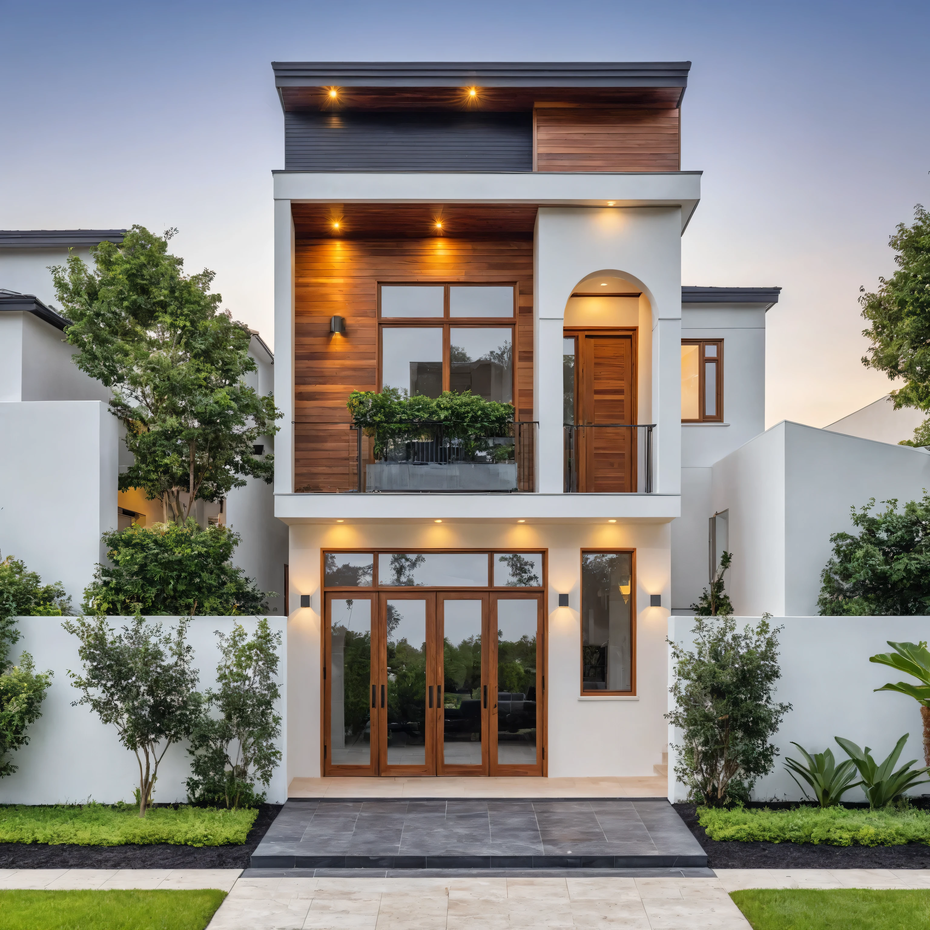 (masterpiece:1.2), best quality, photo of A two-story modern house with white walls and dark gray tiles on the roof., tree and plant, streetcapes, natural light, The exterior of an elegant single family home features large windows, (a wood door frame:1.5)