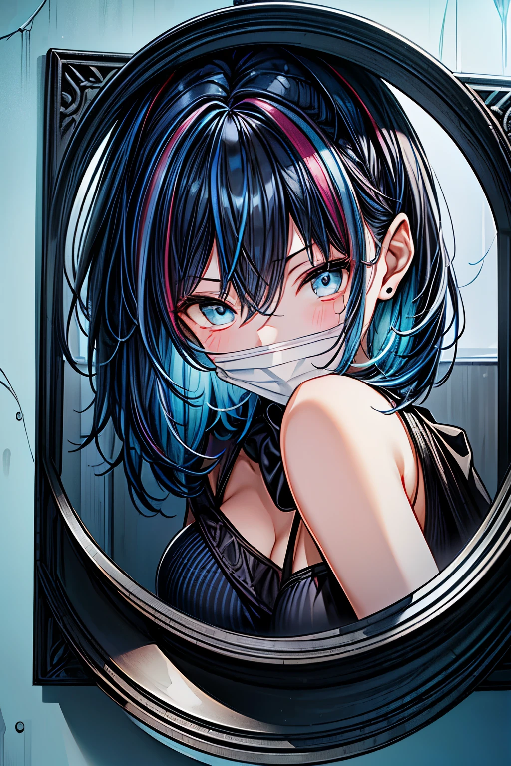 full body, (masterpiece, ultra quality:1.2, 4k, beautiful), nsfw ,(1girl, (1girl ,Secret Illustration,(cute, fair skin, (black Hair, inner blue hair:0.4, BREAK, medium hair, hairs between eyes) ,(Blue streaked hair),blue eyes, circle glass, blush stickers ,confused, BREAK, (Private Detective) ,(Shine, Sophisticated))), detail face