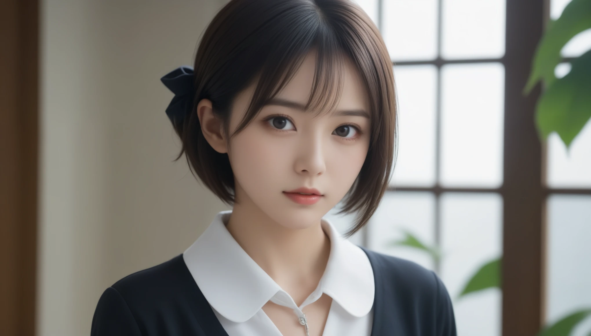 8k, Ultra-high resolution, Best Quality, masterpiece, 三分割法によるphotograph,Surreal, photograph, 1 , (Girl:1.3), cute, cute顔, 細部までBeautiful Eyes, 細かくdetailedに,masterpiece,一人Girl:1.2,Japanese women,female teacher,upper body,glaring,Black Short hair,Short twin tail hair,ID photo,future,Brutal Cyberpunk Woman,Luxurious and gorgeous,classroom,Large windows,((Rococo style instructor uniform:1.5)),Overly decorative fashion,Lavish Decoration,(BDSM Mistress),(With collar),(Upper class lady:1.5),Expressions of despair,Dark and atmospheric lighting,Subtle details, detailedな顔,anger,Attractive eyes,(ポートレートphotograph:1.4),(Photorealistic images:1.4),Fantasy art,(Beautiful Face:1.4),美しくAttractive eyes、Beautiful Eyes,Silver Remaining,(Tight waist:1.4)、(Beautiful with perfect body proportions:1.4),Pink Lips,profile,(((Ideal body type))),A cup small bust :2,、Portraiture:2、Perfect Anatomy、鮮明なdetailed、detailed,Thin lips,完璧でBeautiful Face ,完璧でcute顔, Detailed skin, Perfect limbs、Narrow waist,Surreal,Light and Shadow,Fashion magazine cover,spotlight