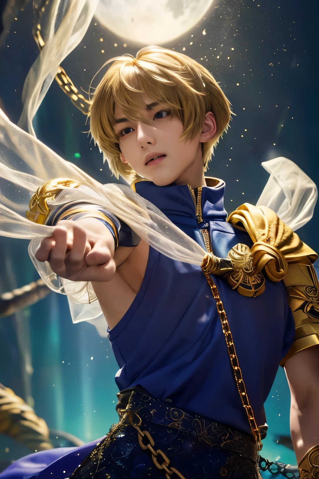 1boy, masterpiece, realistic, absurdres, best quality, high resolution, (Kurapika:1.4), japanese boy, very handsome, perfect face, cute face, intricate detail, clear and beautiful detailed eyes, messy blonde short hair, shiny hair, bangs, blue tabard, white shirt, gold trim, holdig a chain, chains flying, slim muscular, handsome muscle, detailed skin, perfect hand, good anatomy, looking at camera, action scene, dynamic pose, fantasy, night, tree, Moonlight at night, wilderness, flowers, skynight, studio lighting, soft light, upper body portrait, front view, Professional photography, 8K UHD,