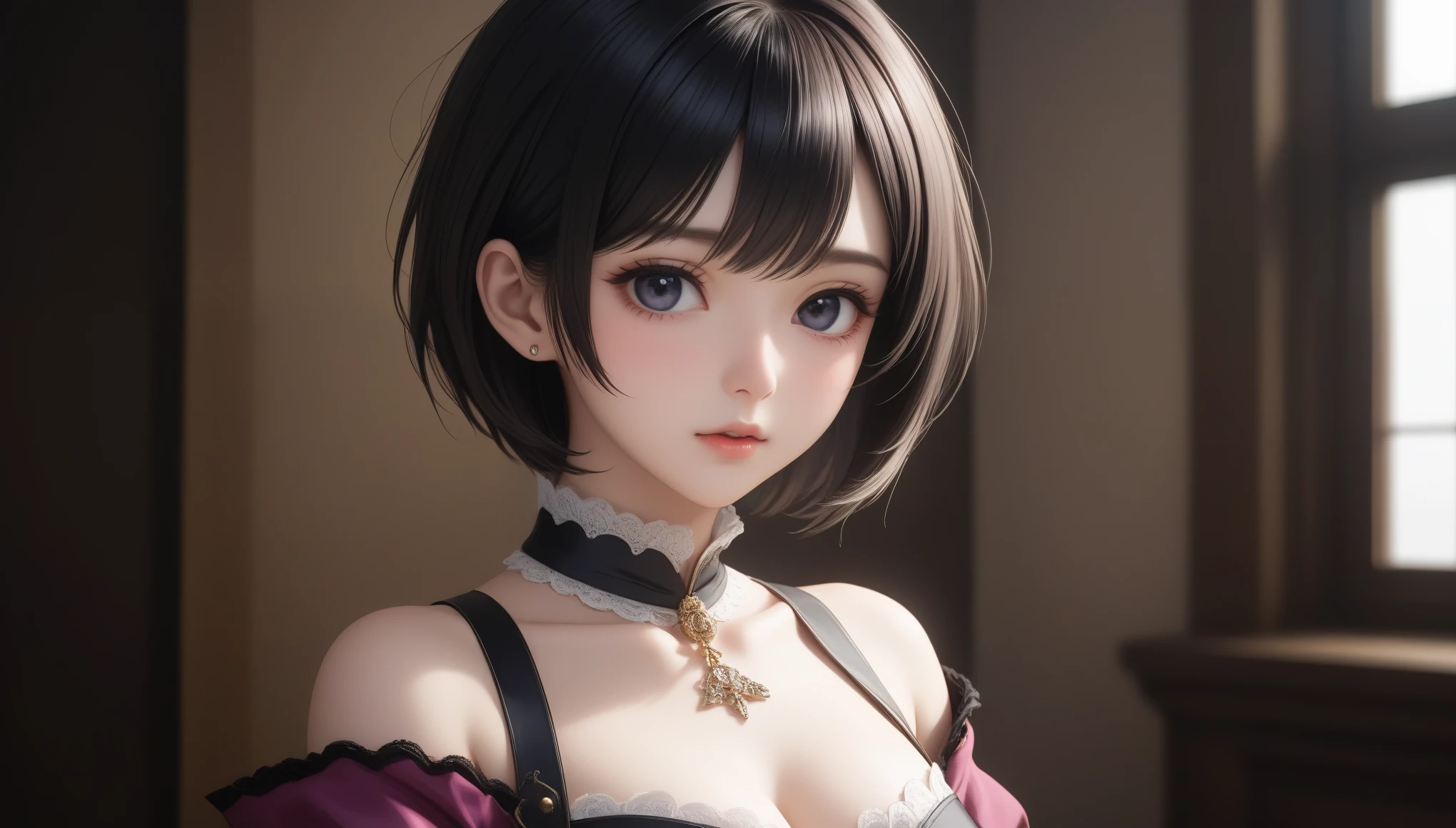 (masterpiece, best quality:1.4), 8k, 85mm, official art, absurdres, (downblouse:1.2), (from above:1.1), violaceaess, cute face, beautiful eyes, camisole, upper body, looking at viewer, short hair, bangs, small head, (smile:0.6), sharp focus, facelight, dynamic lighting, cinematic lighting, dramatic shadow, perspective, depth of field, highres, ultra detailed, finely detail, extremely detailed, detailed eyes and face, sharp pupils, realistic pupils, simple background, small waist, flare skirt