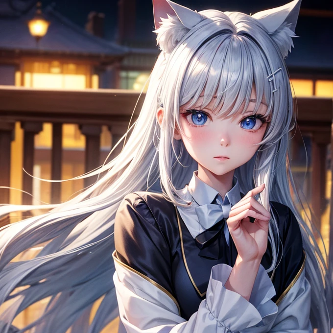 There is a woman with long hair wearing a white jacket and a bow tie., Korean Girls, Realistic young anime girl, Chinese Girl, Anime girls in the real world, Long Hair Anime Girl, White hime cut hairstyle, Cute natural anime face, Realistic anime 3D style, Beautiful Anime Girls, Cute - Beautiful - Face, Beautiful Anime Portraits, Beautiful Korean Women　Cat ears