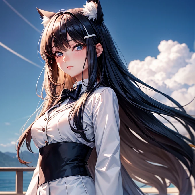 There is a woman with long hair wearing a white jacket and a bow tie., Korean Girls, Realistic young anime girl, Chinese Girl, Anime girls in the real world, Long Hair Anime Girl, White hime cut hairstyle, Cute natural anime face, Realistic anime 3D style, Beautiful Anime Girls, Cute - Beautiful - Face, Beautiful Anime Portraits, Beautiful Korean Women　Cat ears