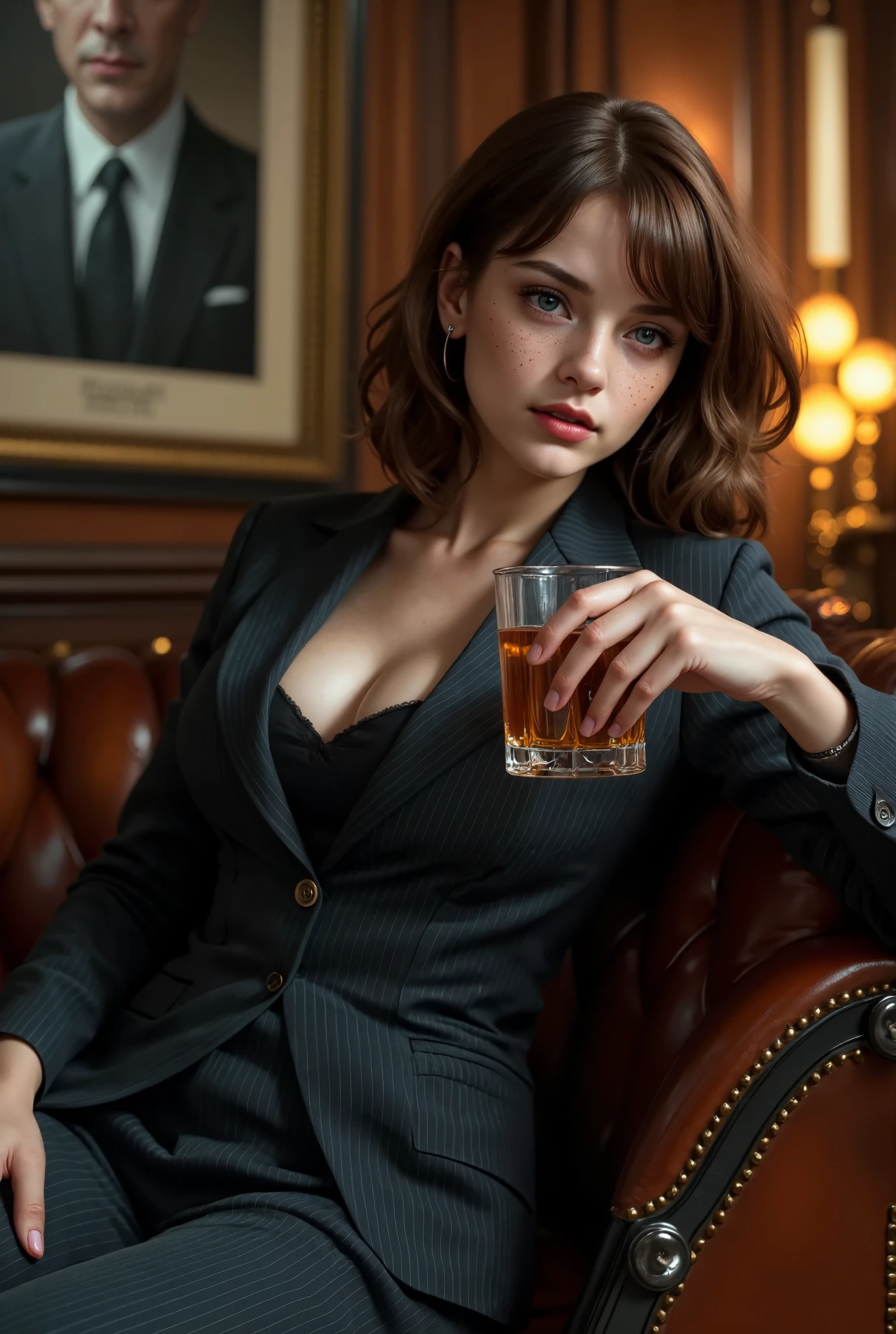 A high-fidelity, ultra-detailed photograph captures a young matriarch, the powerful boss of a mafia crime family, seated on an opulent, dark leather couch in a dimly lit, shadowy room. Her beauty is striking, with soft, youthful features that contrast sharply with the intense determination in her piercing gaze. Dressed in a tailored, pinstripe suit with sharp lines that project authority, she sits with relaxed confidence, one leg crossed over the other. In her hand, she delicately holds a glass of exotic, amber-colored liquor, swirling it slowly as she surveys her surroundings with calm command.

Behind her, a large, authoritative portrait of her grandfather looms, his eyes cold and calculating, watching over the room as a reminder of the legacy she upholds. The atmosphere is dark and atmospheric, with heavy shadows creating an aura of mystery and danger. The luxurious leather couch, with its rich texture and detailed craftsmanship, adds to the scene’s sense of wealth and power. Soft light from a single source highlights her face and the glass in her hand, capturing the subtle reflections of the liquor within. The room is filled with a palpable sense of control and intimidation, blending her youthful beauty with the weight of her responsibility as mafia boss. Every detail, from the fine leather of the couch to the texture of her suit, is rendered with stunning precision, creating a cinematic portrait of dominance and allure.