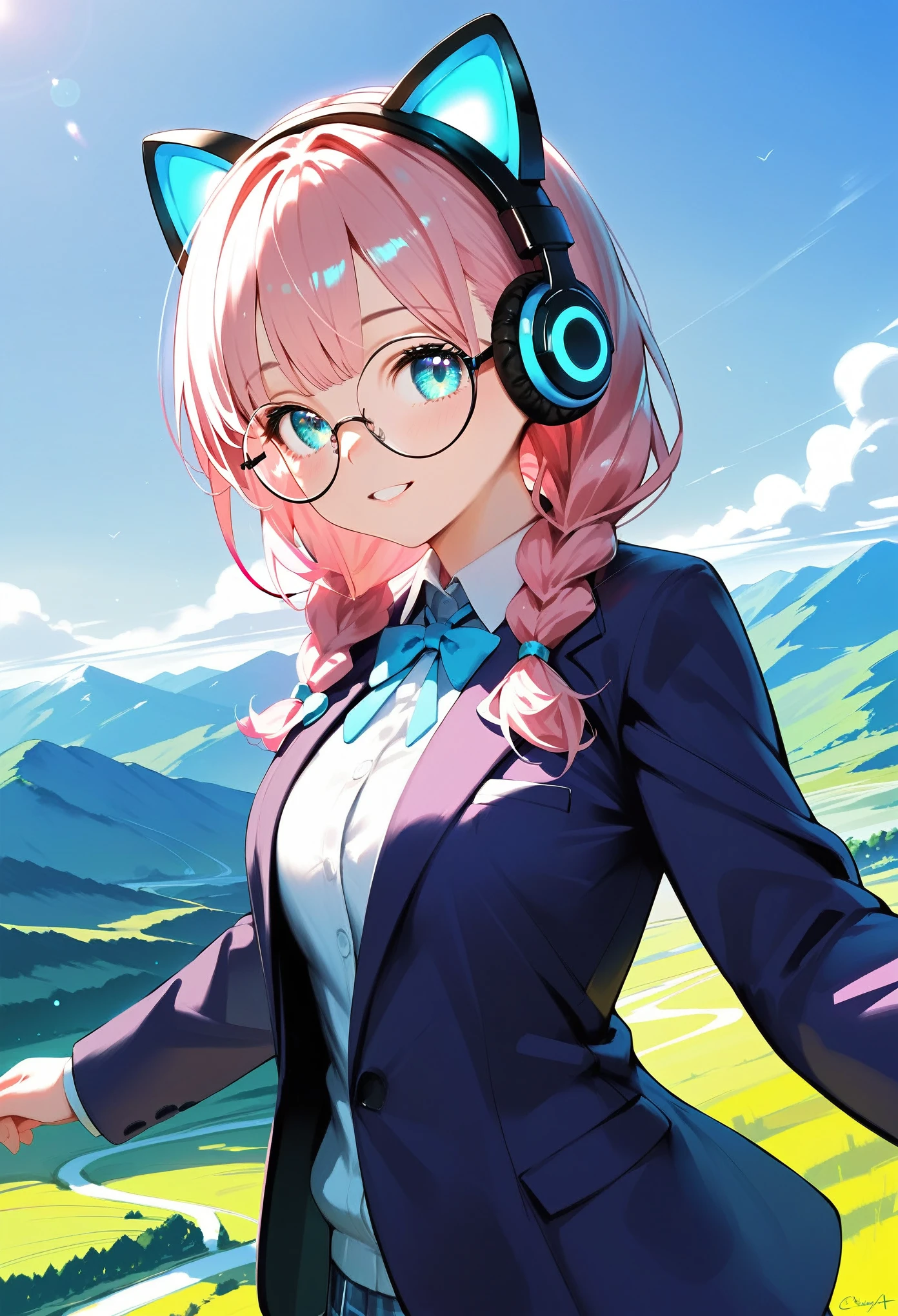 (best quality:1.2), (ultra-detailed:1.2), (2.5D:1.2), (Anime Moe Art Style), 1girl , pink hair, Cyan eyes, Gradient Eyes, twin braids, blue Glowing cat ear headphones, black round glasses, blazer, Landscape