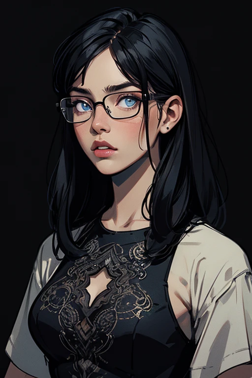 1girl, solo, young woman, 22 years, black hair, straight hair, glasses, Russian, ultra-textured pale skin, blue eyes,  black top, medium breasts black background, portrait, glowing eyes, by vergvoktre, dramatic, gritty, intense, distorted face, nightmare, intricate details, hyperdetailed, cinematic, dark shot, film grainy, soothing tones, muted colors, technicolor
BREAK
outdoors, twilight, raytracing BREAK
d4rk4rt artstyle, monochrome, greyscale