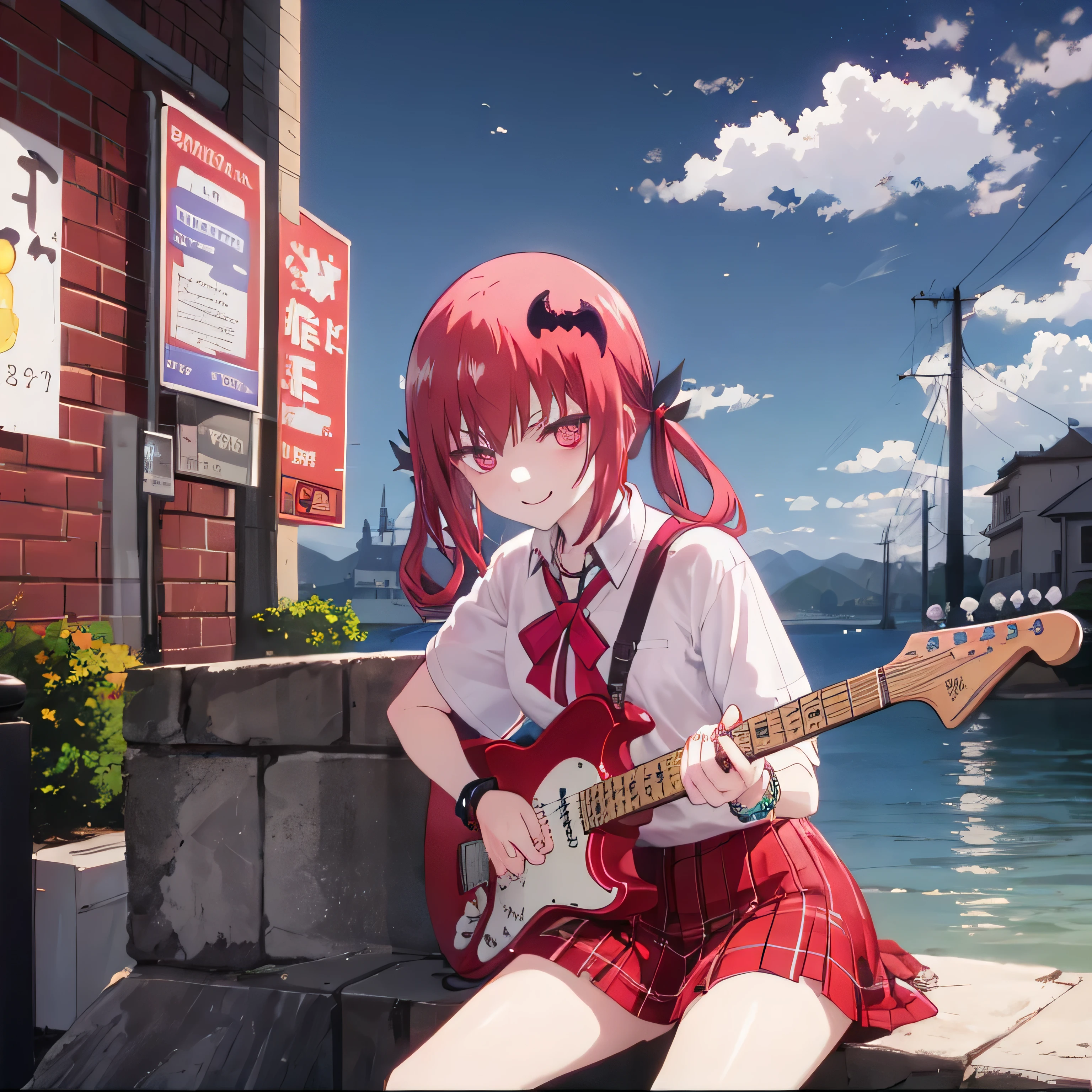 scattered cloudy night leaning on a wall in a lake and making a pose and holding her electric guitar Satanichia mcdowell smiling and dressed in a kilt beautiful magenta eyes beautiful bright red medium long hair held in 2 pigtails pretty accessory on her neck and pretty bracelets on her arms sunglasses on her forehead detailed hands and fingers 