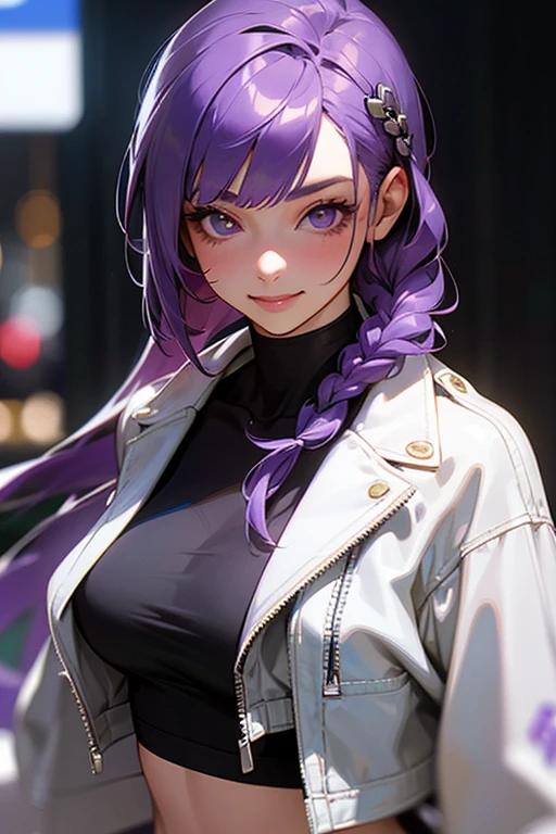 anime girl with purple hair and a black jacket sitting in front of a laptop, misato katsuragi, marin kitagawa fanart, jojo anime style, miura kentaro style, illustrious makinami, portrait knights of zodiac girl, anime moe artstyle, inspired by Rei Kamoi, inspired by Okumura Masanobu, anya from spy x family
