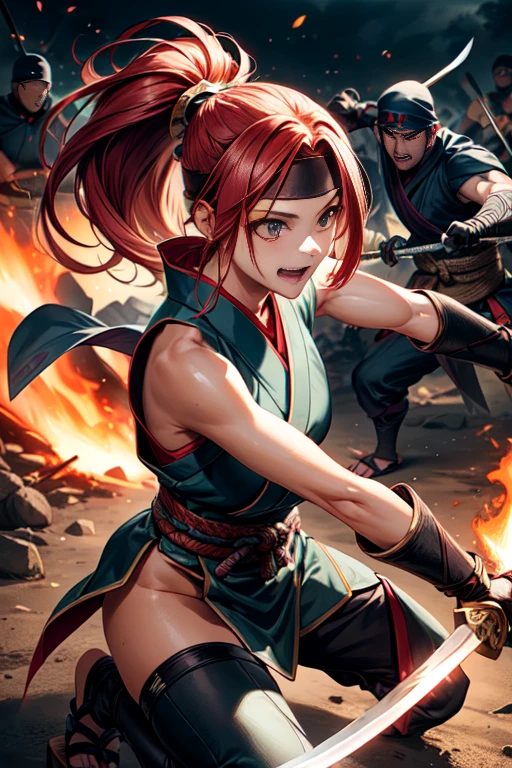 One Girl, warrior,Japanese sword,anime,Anatomically correct, A series of character actions, Ninja,ponytail, masterpiece, Textured Skin, Action Painting, Surrounded by enemies,battle,Flaming Sword,Headband,A happy look