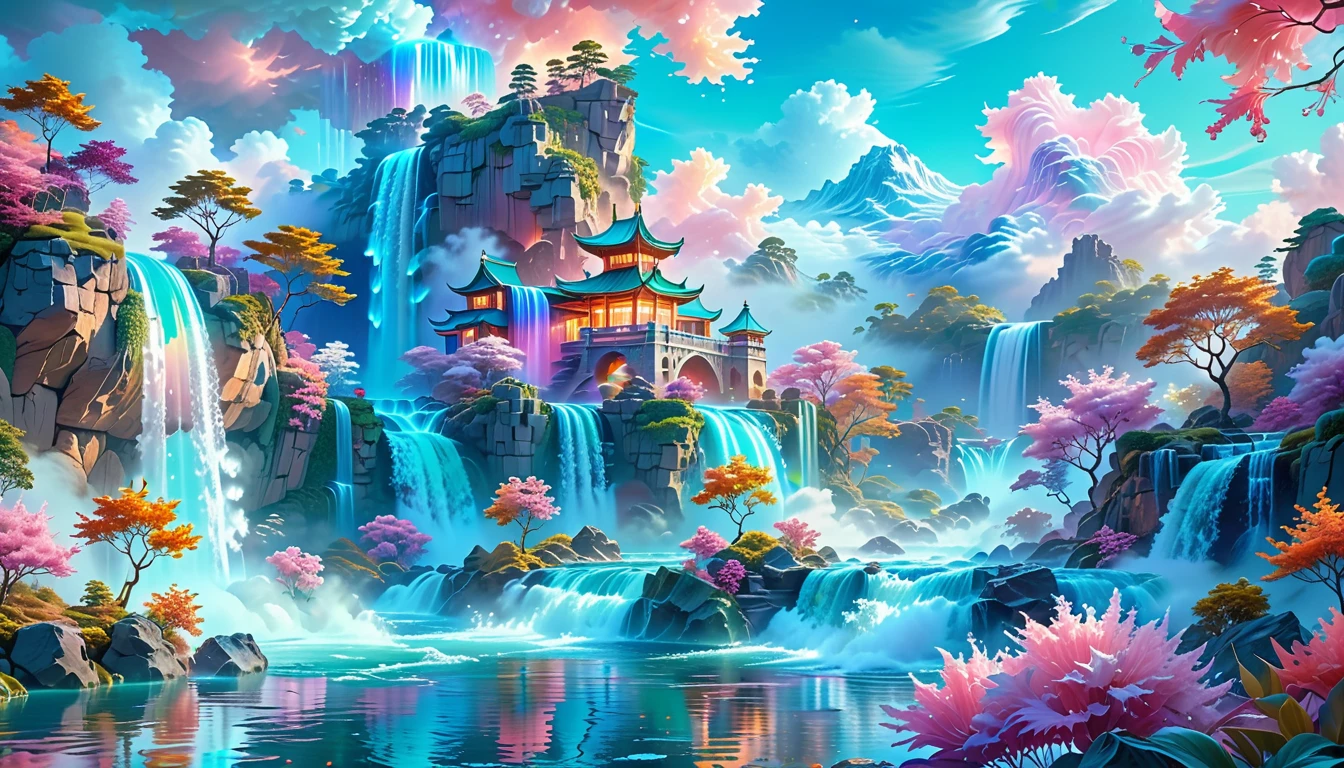 A Masterpiece In 32K Resolution: Supreme Quality, Super Detail, Official Art, Very High-Resolution 32K Wallpaper, Beautiful And Aesthetic, Ultra-Detailed Features, Awe-Inspiring Detail. Visualize A Captivating Realm Steeped In Romantic Dreams, Where Reality Merges With Fantasy. The Landscape Features Intricately Designed Floating Islands, Adorned With Fluffy Clouds And Shimmering Waterfalls That Cascade Gracefully From Their Edges. The Atmosphere Radiates A Vibrant, Surreal Quality, Enveloping Viewers In A Sense Of Wonder And Tranquility. Rich Shades Of Pink Dominate The Scene, Harmoniously Blended With An Array Of Vibrant Jewel Tones, Creating A Mesmerizing Palette. This Anime-Style Illustration Will Boast Soft Lines And Pastel Colors, Infused With A Whimsical Charm. Each Building Is Exquisitely Detailed And Elegant, Reflecting The Ethereal Beauty Of This Dreamlike Realm. The Artwork Should Evoke A Feeling Of Harmony, Offering An Escape From The Mundane World. Incorporate Crystalline Teal Waters, Colorful Watercolor Skies, And Glowing Elements That Illuminate The Landscape. Delve Into A Myriad Of Small Fantasy Details, Such As Iridescent Accents And Expertly Crafted Majestic Vistas, Sprinkled With Shimmer And Glimmer. Above All, This Piece Should Embody The Essence Of Fantasy Art, Inviting Viewers Into A Mesmerizing Escape.